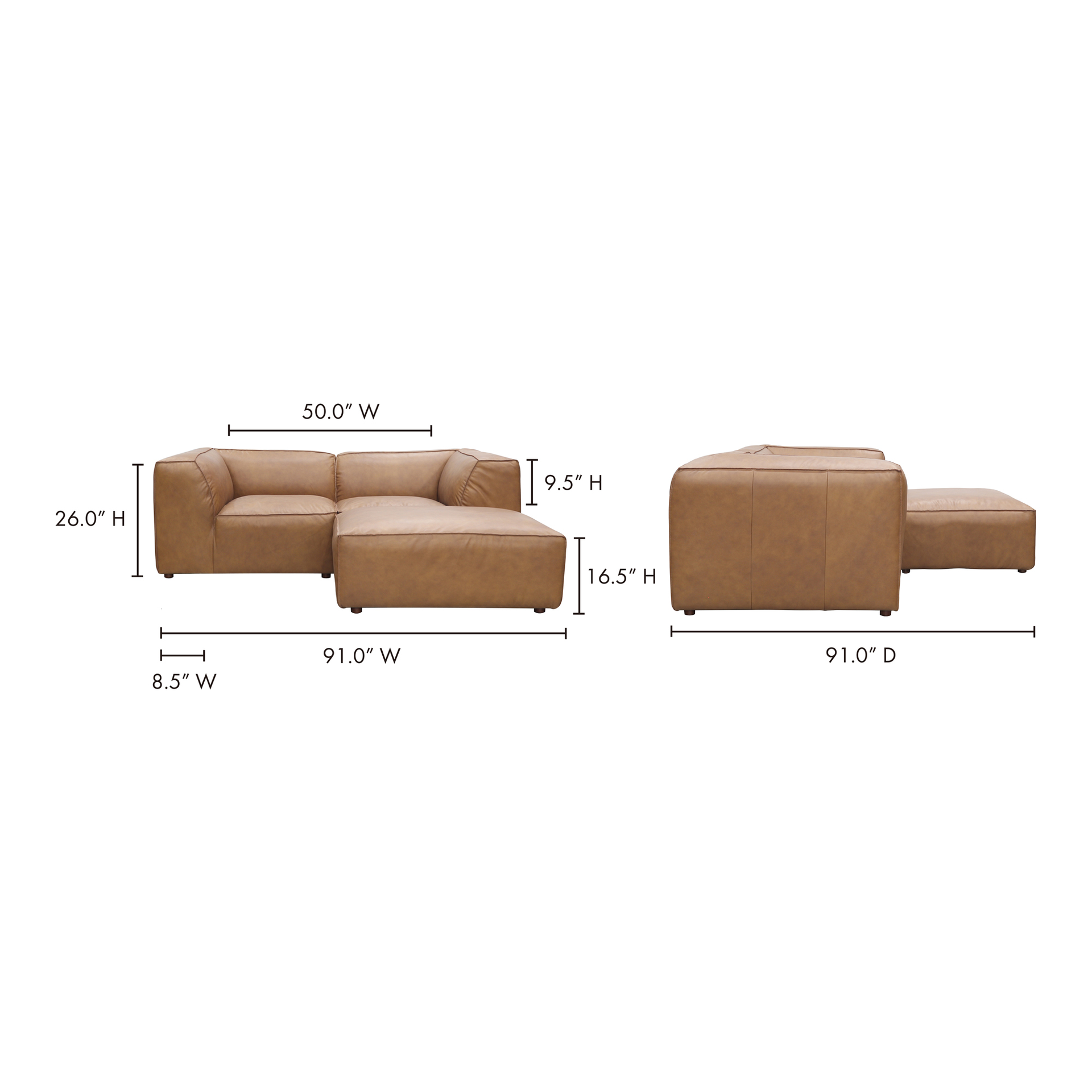 Ambrosia Nook, Scandinavian Modular Sectional, Full Top-Grain Leather Upholstery, 3 Seater, Tan