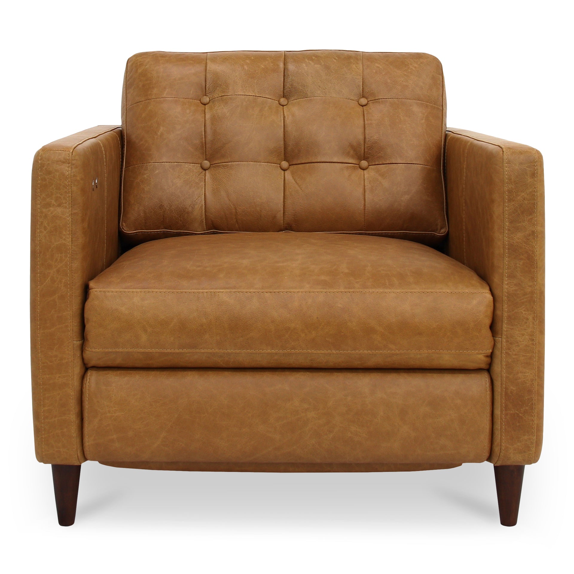 Ariadne Power Recliner Chair, Top Grain Leather with Okin Motorized Motion, Dual-Sided Footrest Controls, Red Meranti Wood Frame