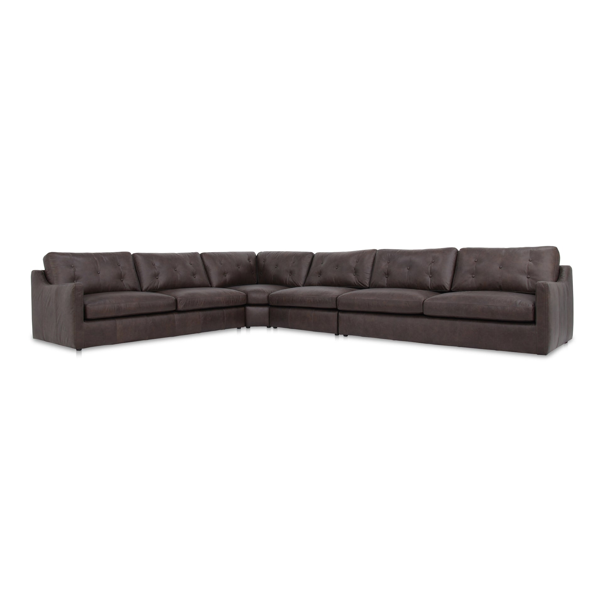 Lorienne 4-Piece Modular Sectional, Top-Grain Leather, Sloped Arms, Tufted Back, Semi-Matte Finish, Espresso Brown