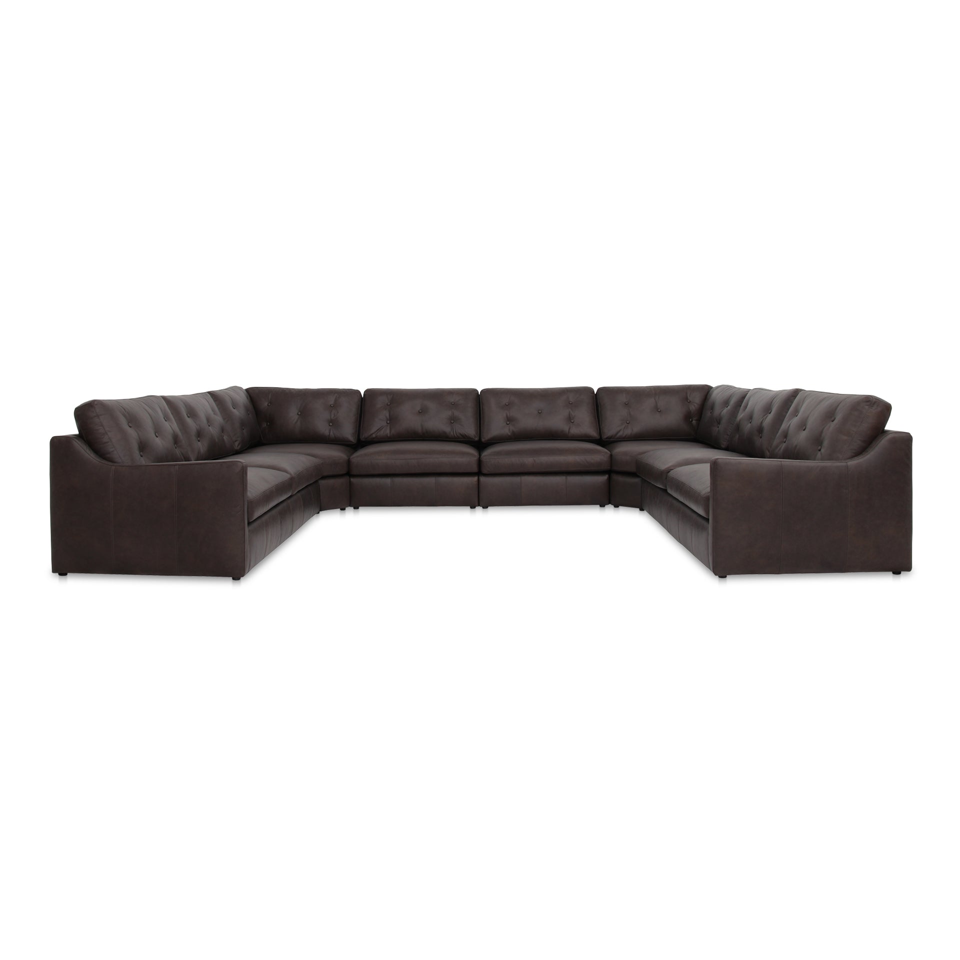 Lorienne U Shaped Modular Sectional, Sloped Arms, Top-Grain Leather, Tufted Back, Semi-Matte Finish, Espresso Brown
