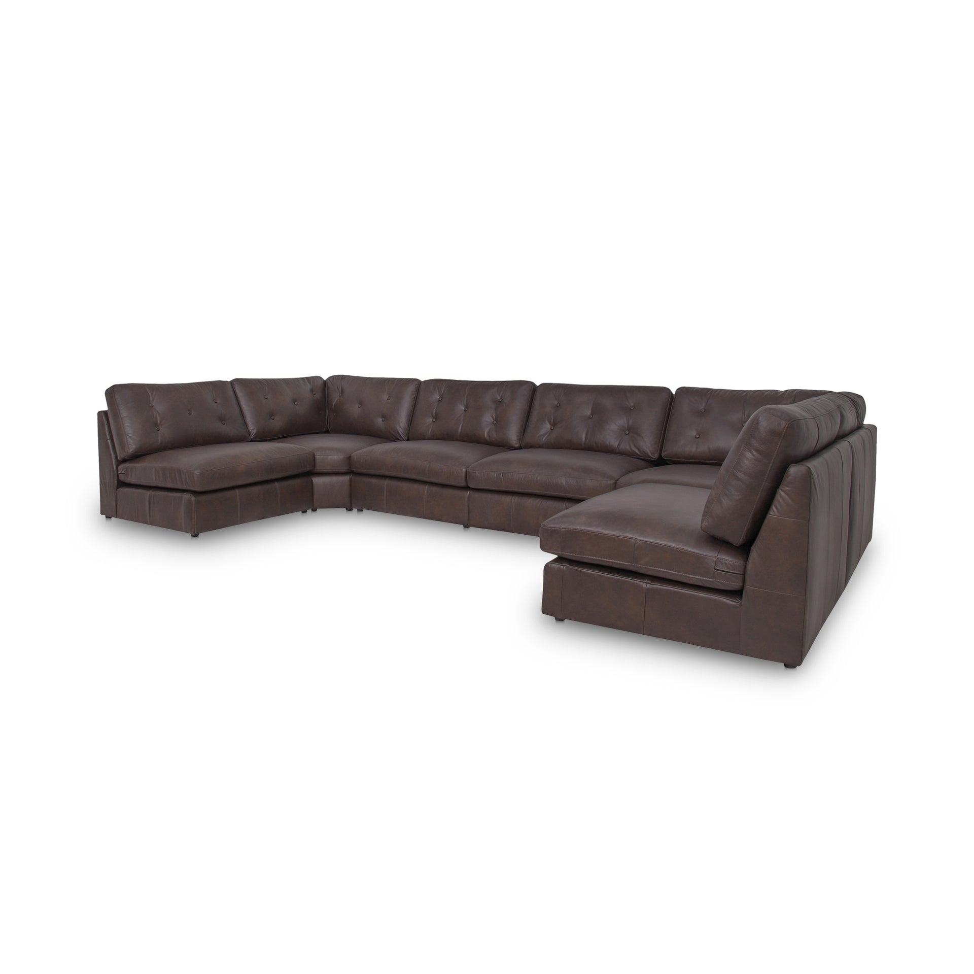 Lorienne U Shaped Modular Sectional, Top-Grain Leather, Sloped Arms, Tufted Back, Semi-Matte Finish, Espresso Brown