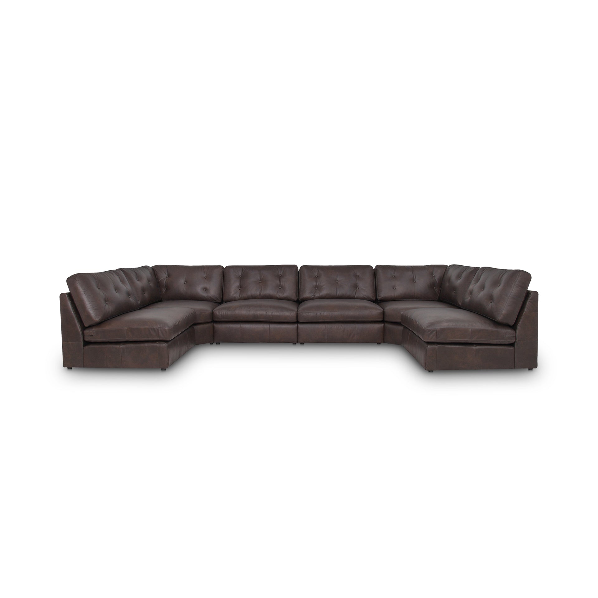 Lorienne U Shaped Modular Sectional, Top-Grain Leather, Sloped Arms, Tufted Back, Semi-Matte Finish, Espresso Brown
