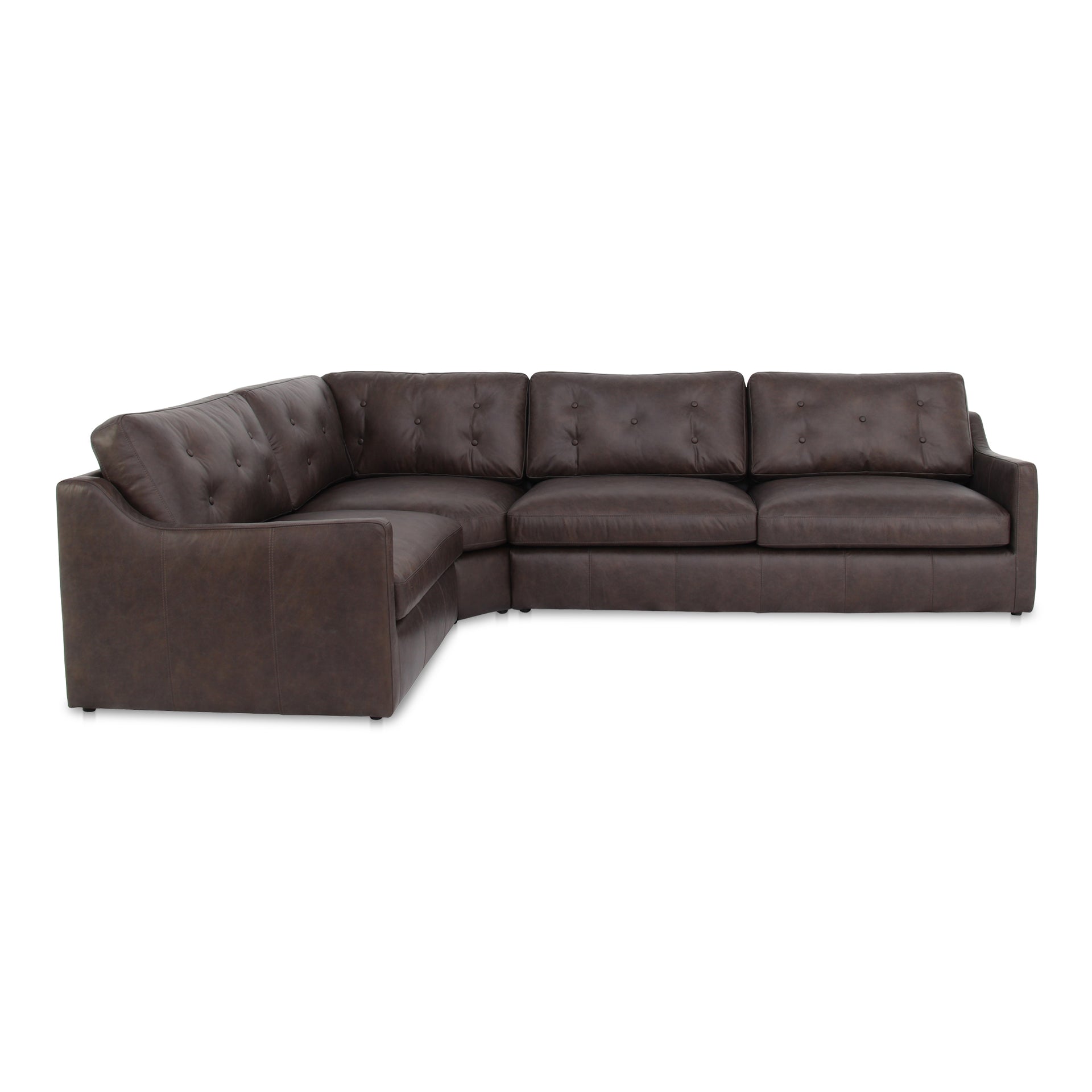 Lorienne Left Modular Sectional, Top-Grain Leather, Sloped Arms, Tufted Back, Semi-Matte Finish, Espresso Brown