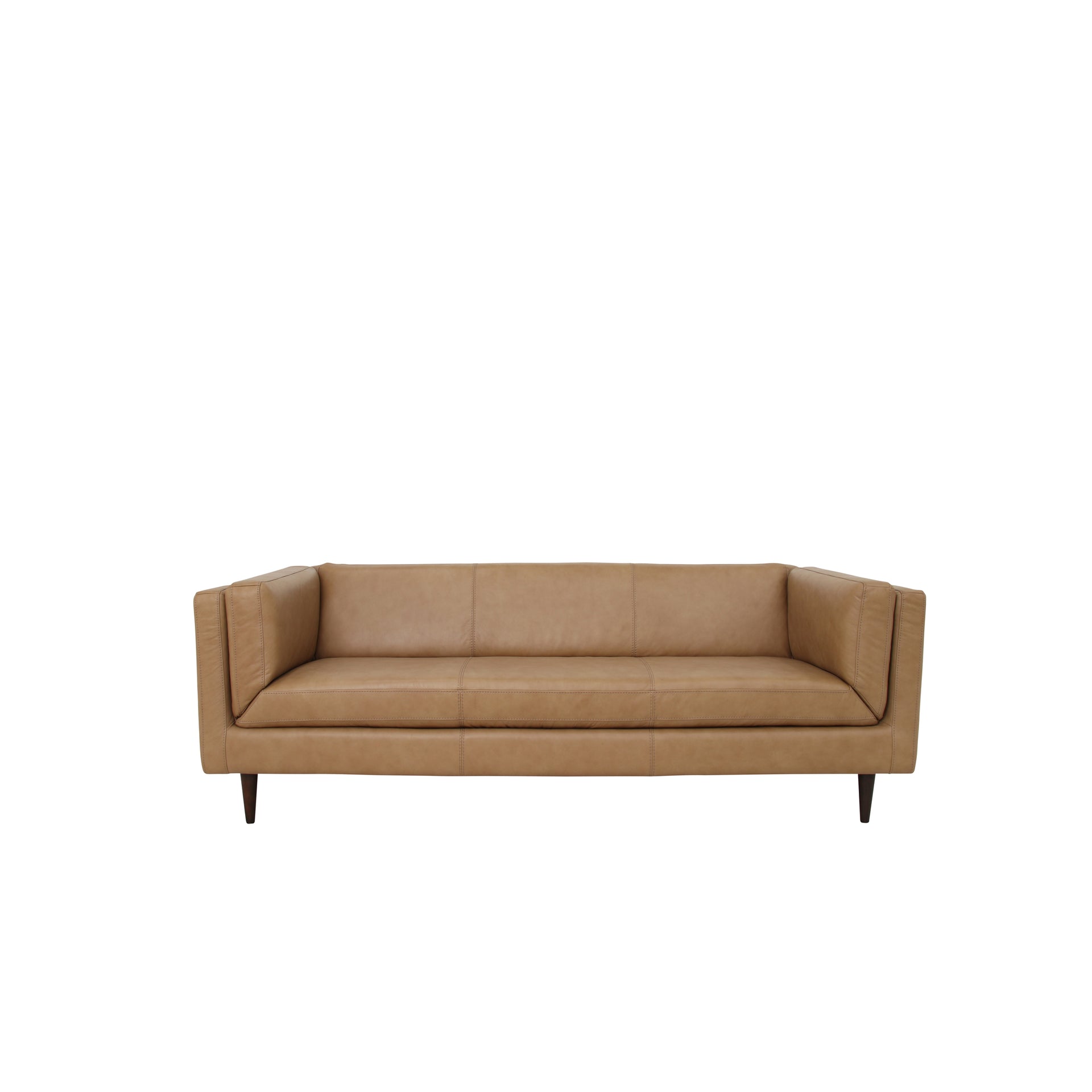 Torlan Sofa, Top Grain Leather, Solid Red Meranti Frame, Mid-Century Silhouette, Tonal Stitching, Tan