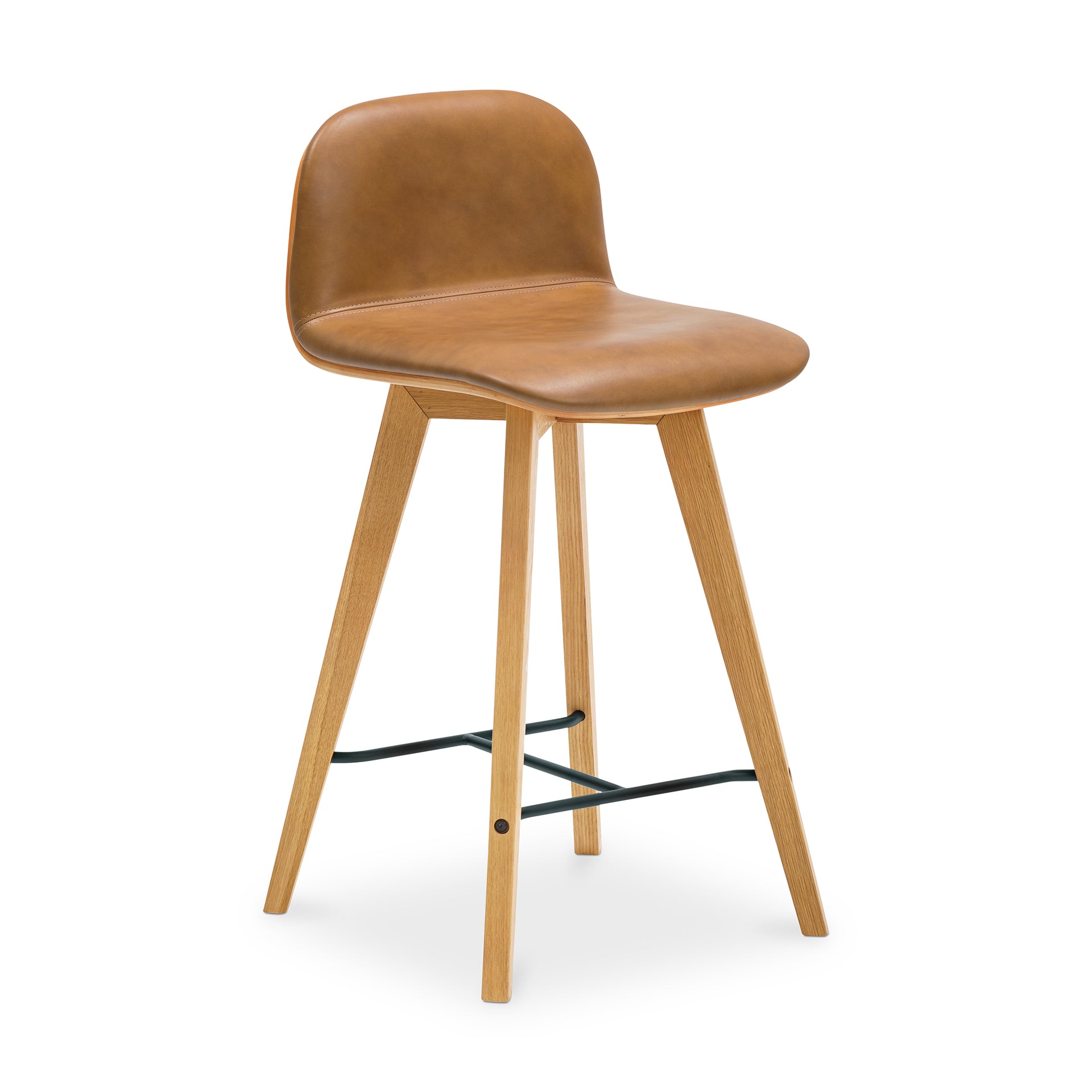 Milan, Counter Stool Top Grain Leather Solid Oak and Metal Frame, Tan