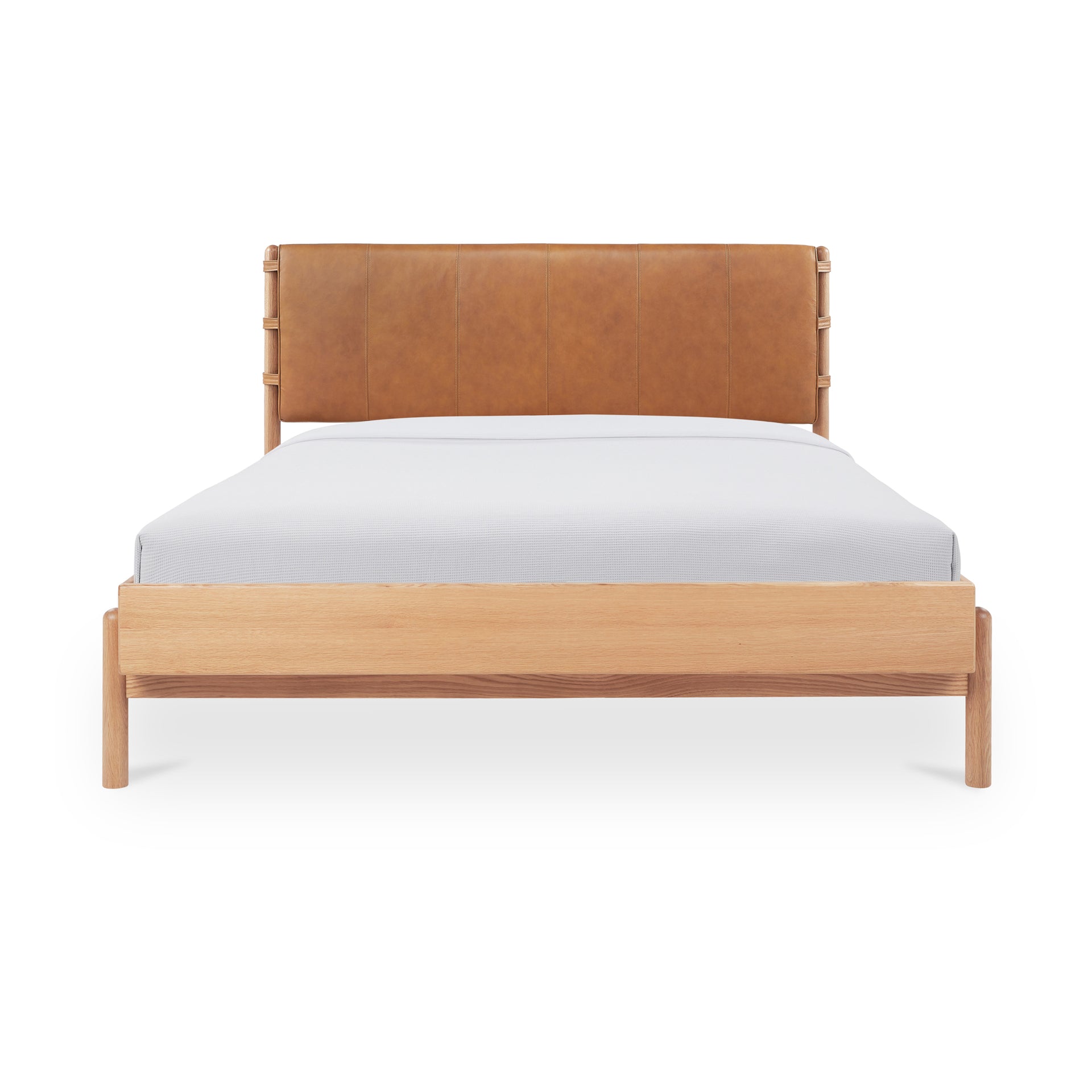 Ever Queen Bed Frame, Top-Grain Leather Headboard, Solid Oak Legs, Oak Veneer Frame, Brown