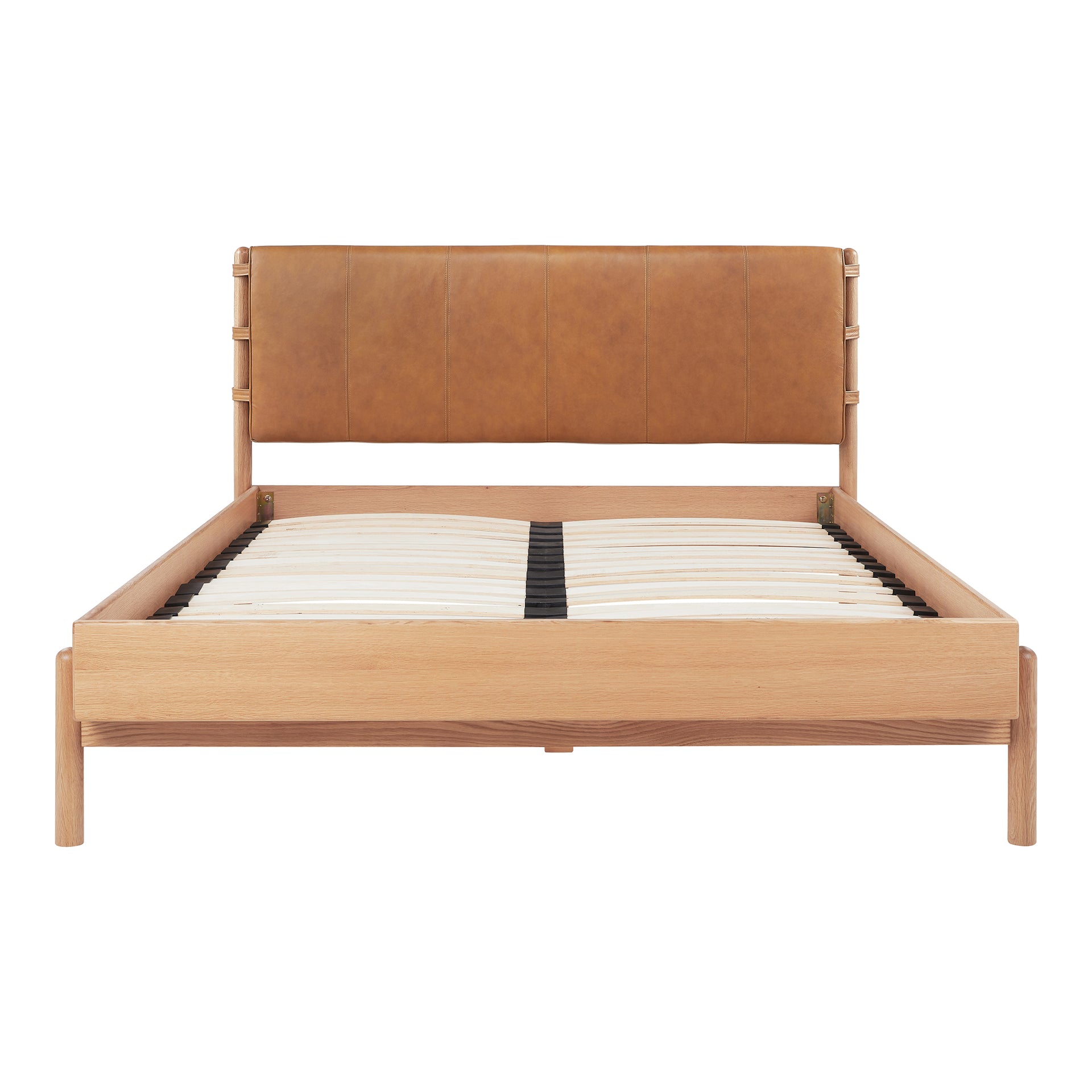Ever King Bed Frame, Top-Grain Leather Headboard, Solid Oak Legs, Oak Veneer Frame, Brown