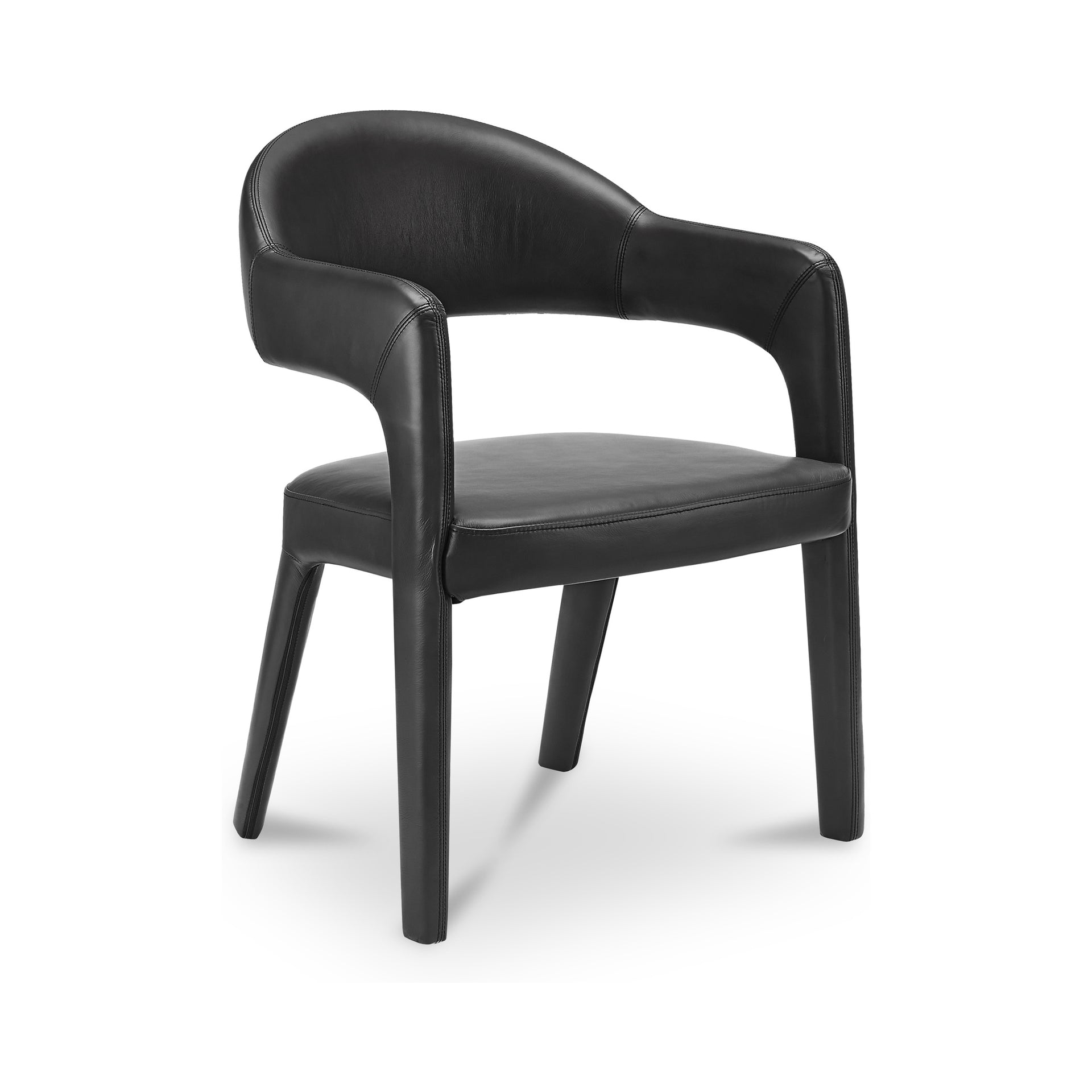 Bryn Dining Chair, Top-Grain Leather, Iron Frame, Open Barrel Back, Integrated Armrests, Foam Padded Seat, Black