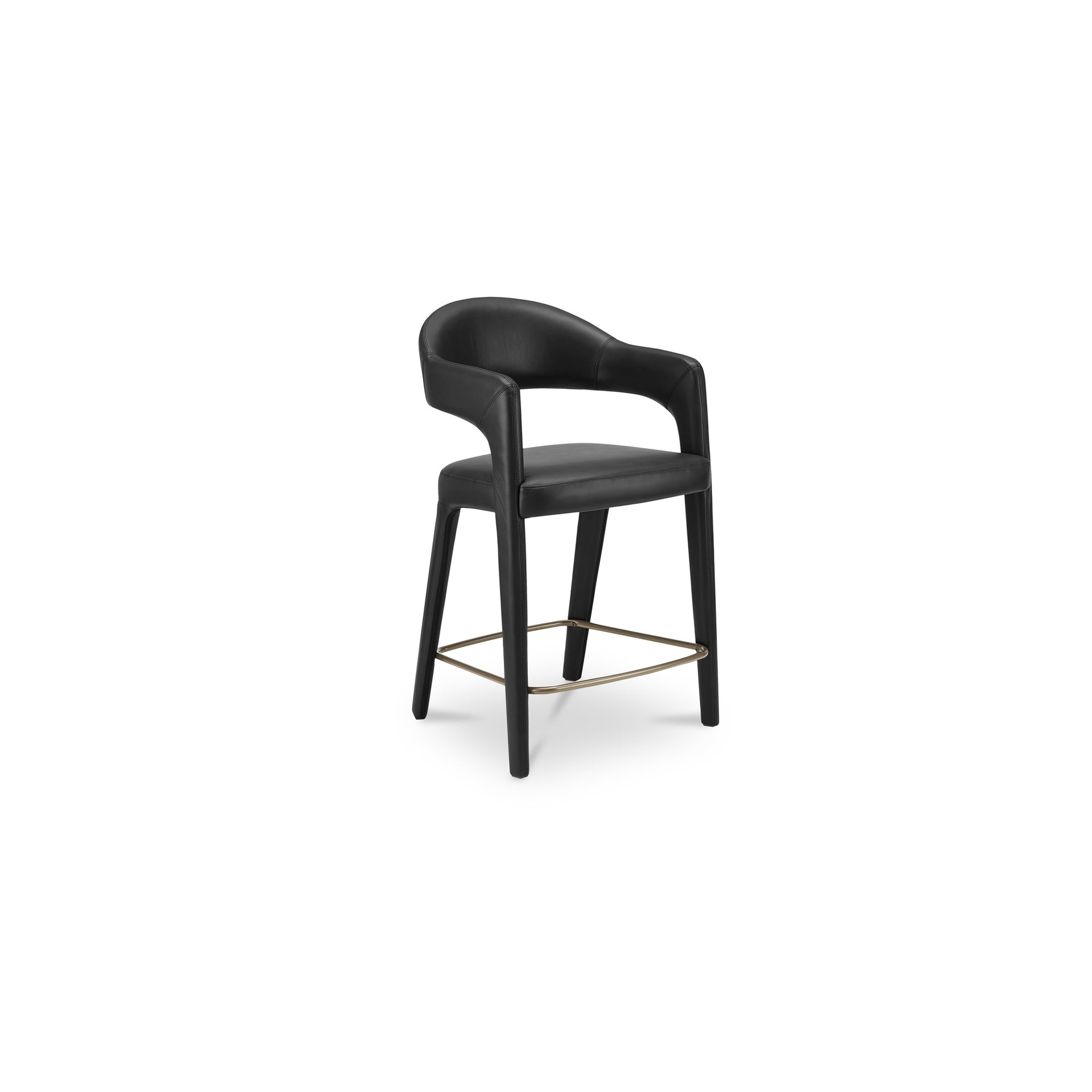 Bryn Counter Stool, Top-Grain Leather, Iron Frame, Open Barrel Back, Integrated Armrests, Foam Padded Seat, Black