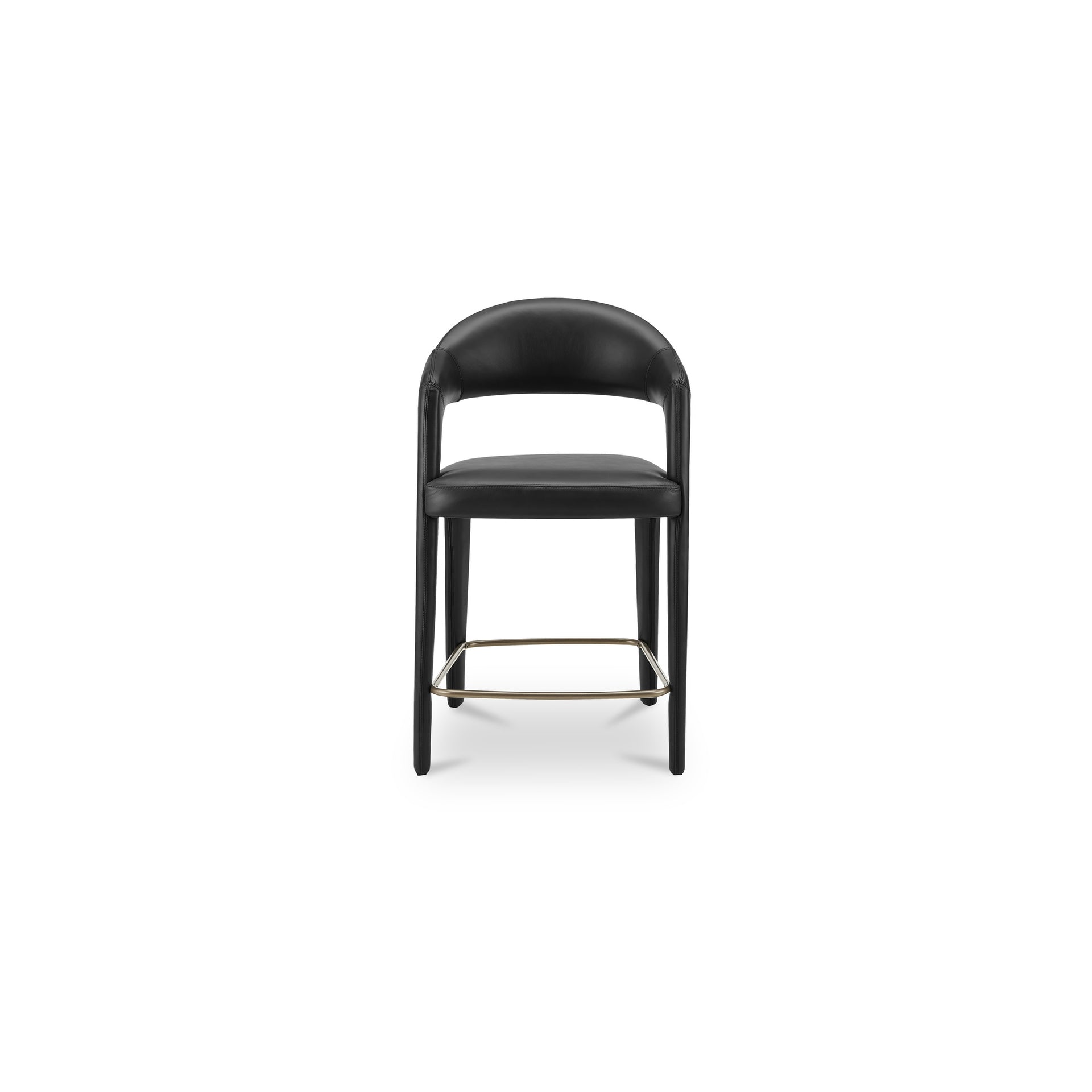 Bryn Counter Stool, Top-Grain Leather, Iron Frame, Open Barrel Back, Integrated Armrests, Foam Padded Seat, Black