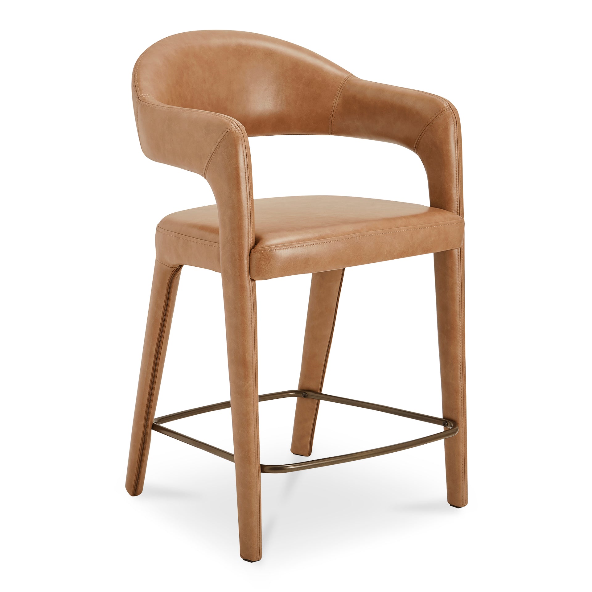 Bryn Counter Stool, Open Barrel Back, Top-Grain Leather Upholstery, Metal Frame, Seat Height 26.4 Inches, Brown