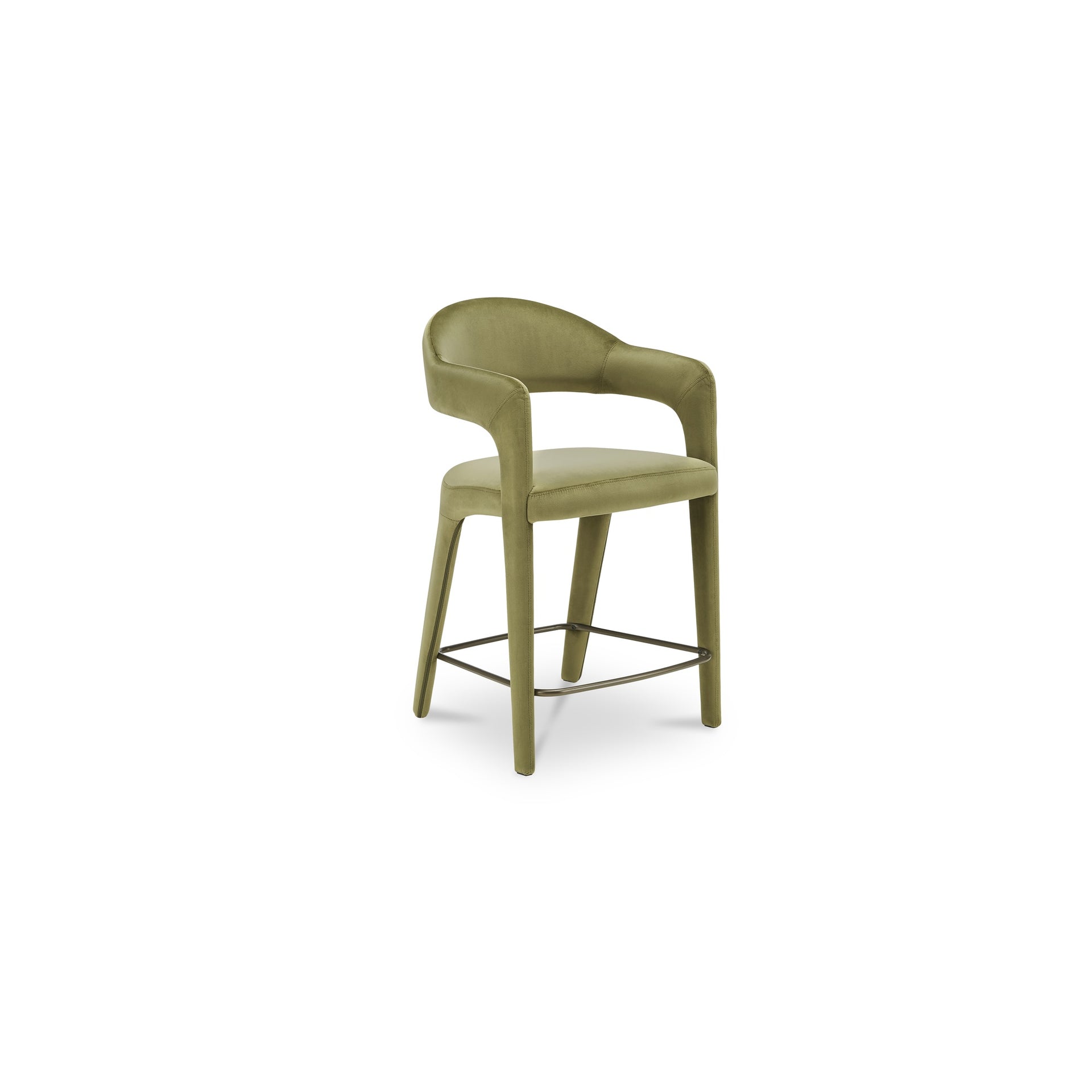 Bryn Counter Stool, Polyester Velvet, Iron Frame, Open Barrel Back, Integrated Armrests, Foam Padded Seat, Green