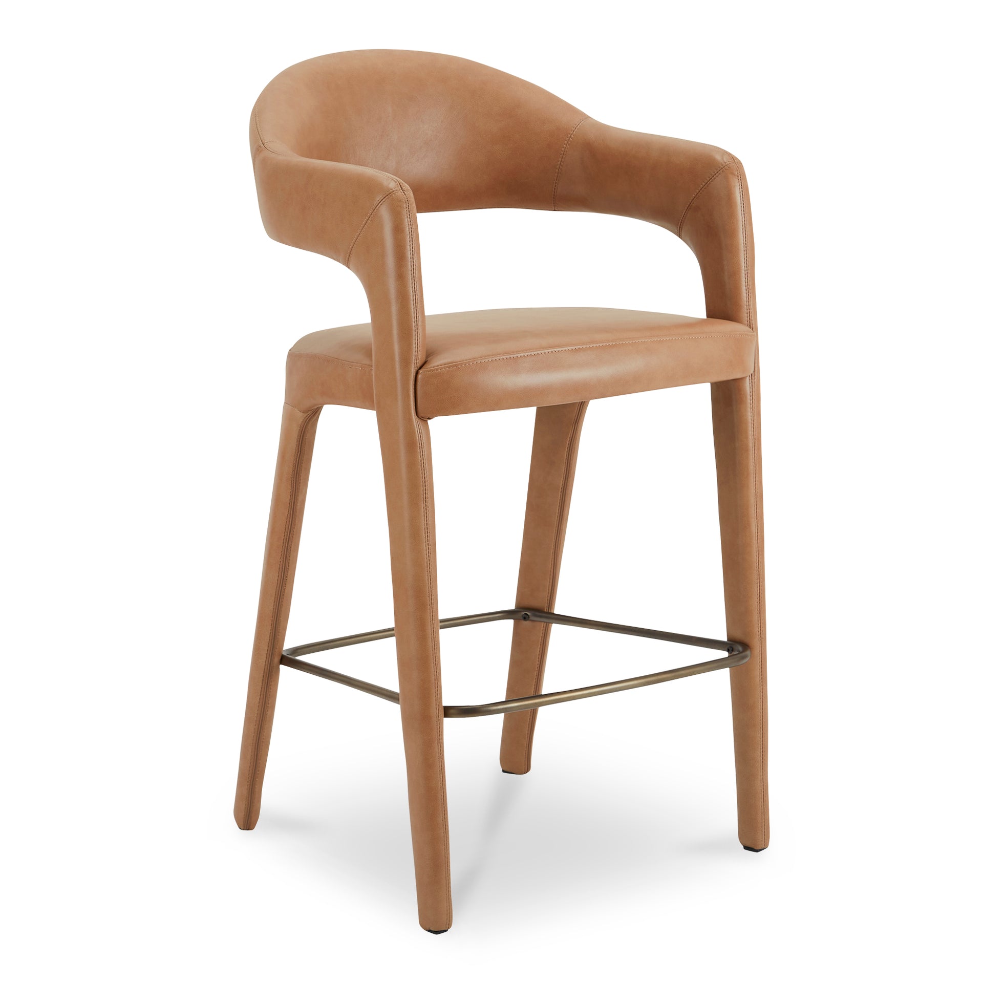 Bryn Bar Stool, Open Barrel Back, Top-Grain Leather Upholstery, Iron Frame, Brown