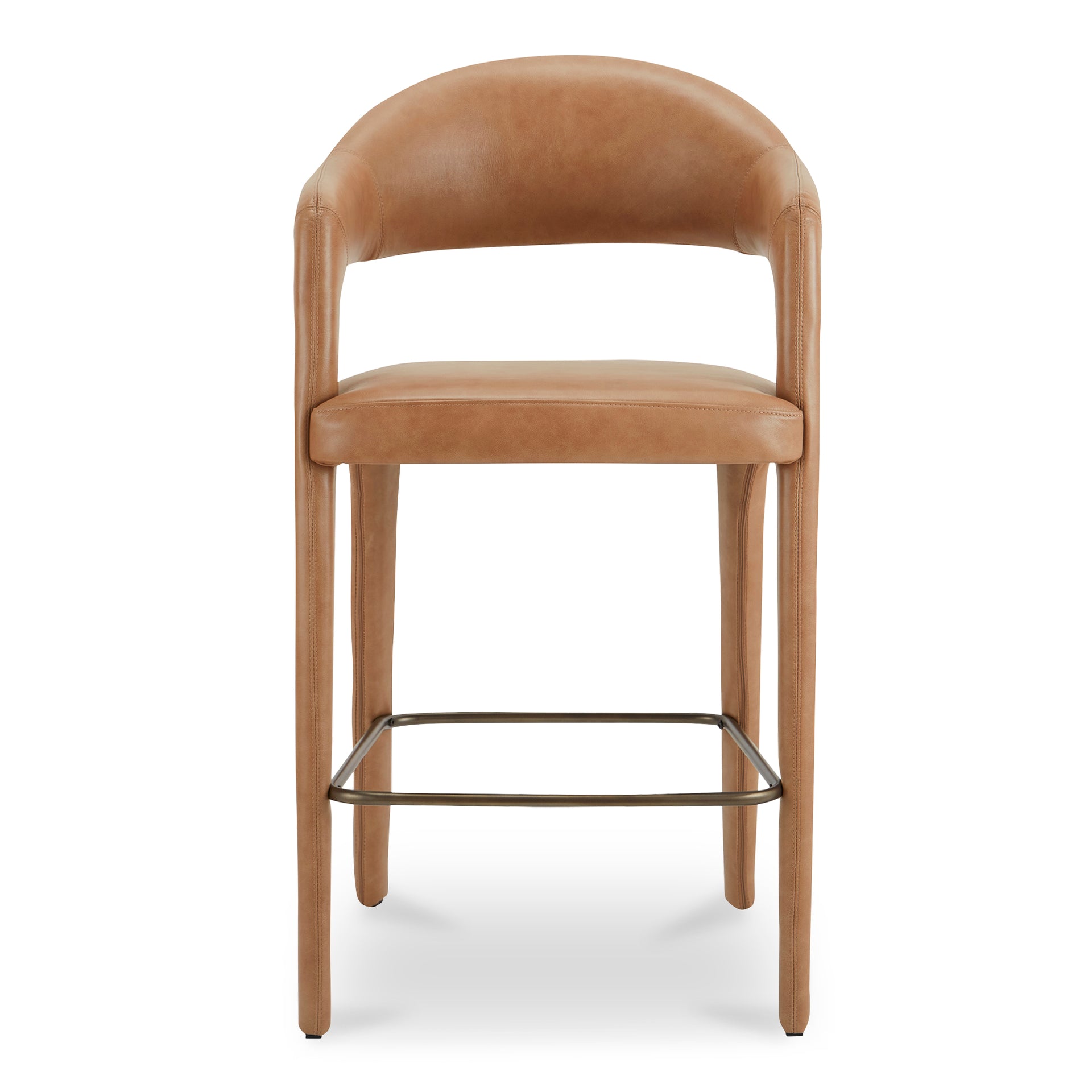 Bryn Bar Stool, Open Barrel Back, Top-Grain Leather Upholstery, Iron Frame, Brown