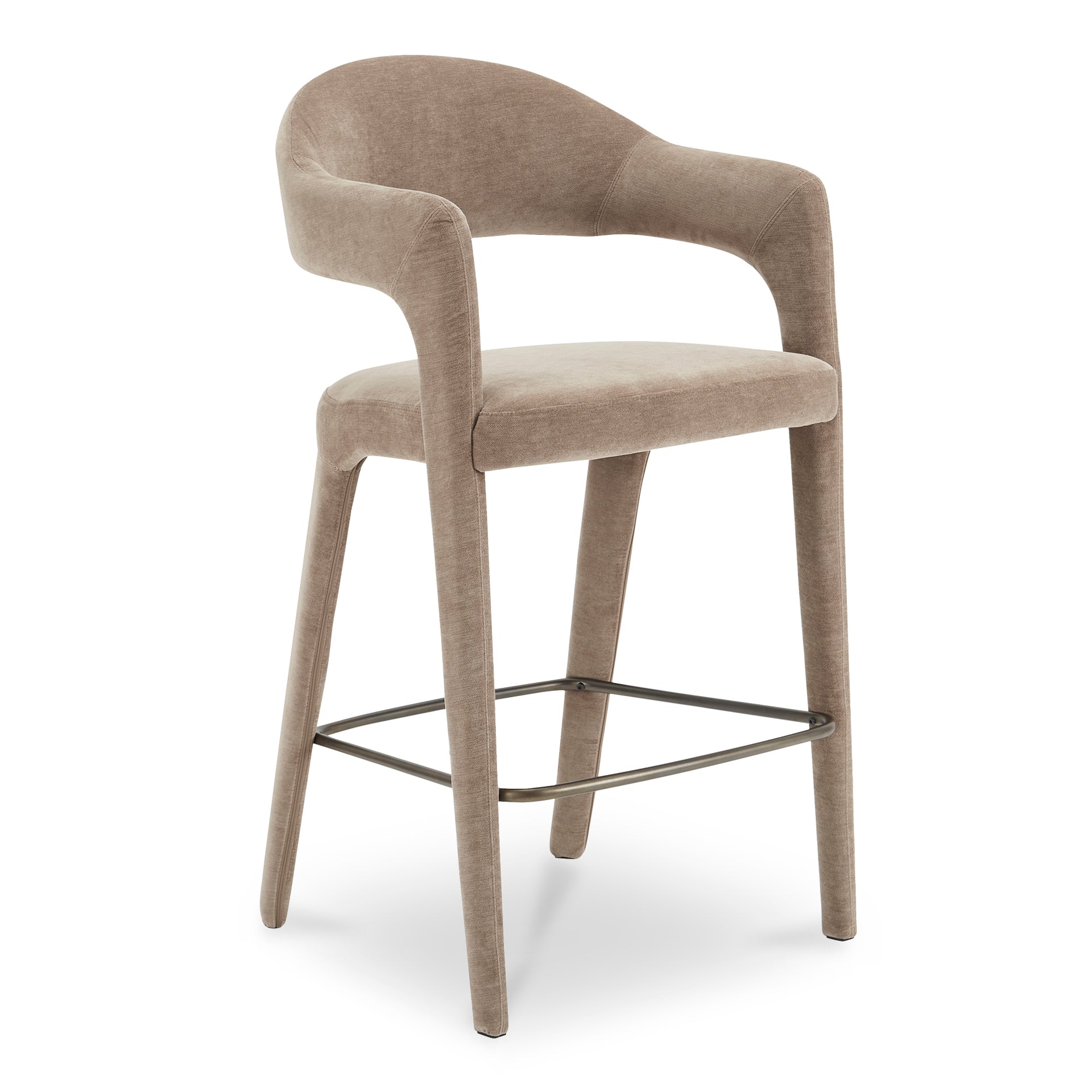 Bryn Bar Stool, Open Barrel Back, Soft Fabric Upholstery, Iron Frame, Camel