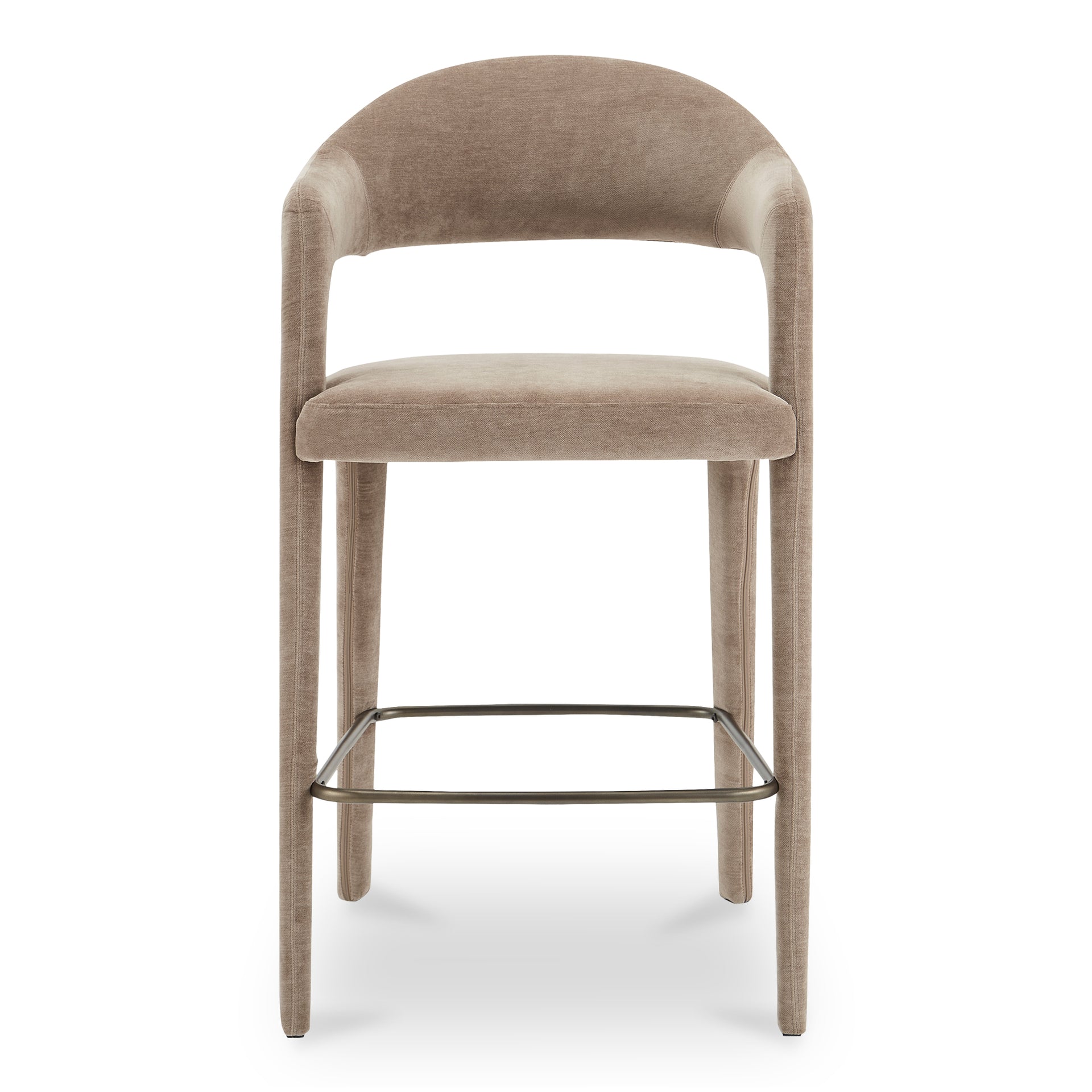 Bryn Bar Stool, Open Barrel Back, Soft Fabric Upholstery, Iron Frame, Camel