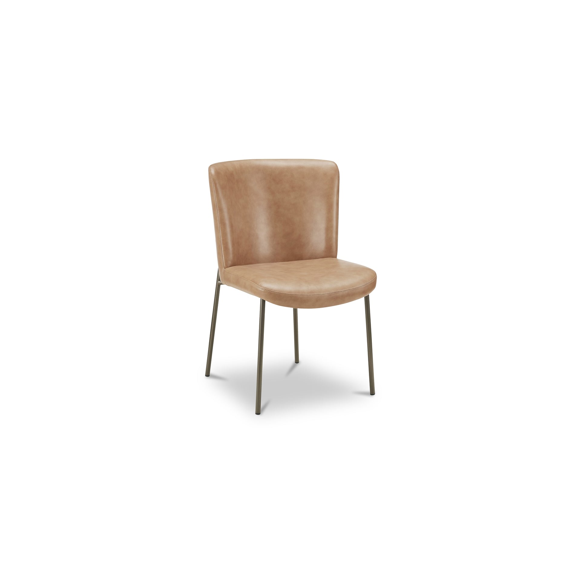 Amaris Dining Chair, Leather, Slim Metal Frame, Blackened Bronze Finish, Low Curved Back, Foam Padded Seat, Tan