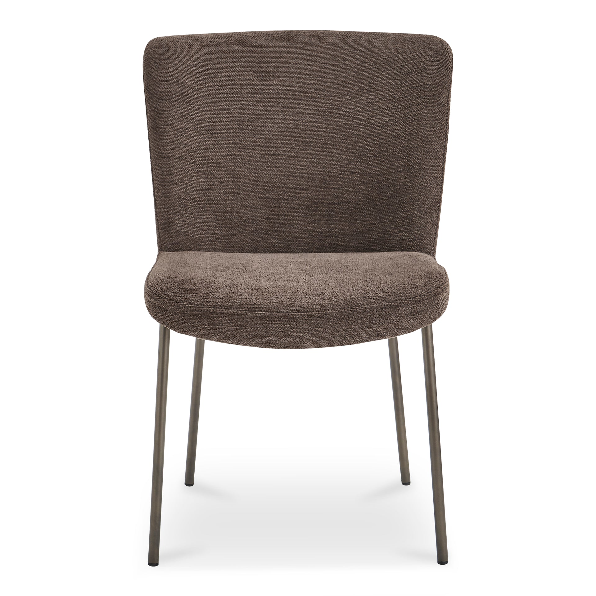 Amaris Dining Chair, Upholstered Curved Back, Soft Fabric, Blackened Bronze Metal Frame, Dark Brown