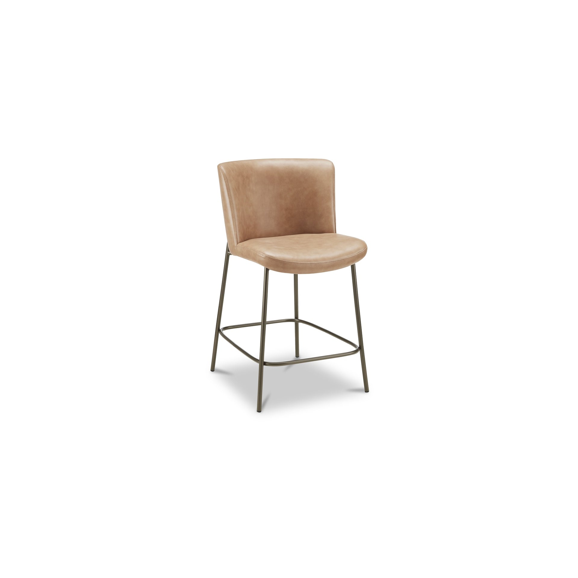 Amaris Counter Stool, Leather, Slim Metal Frame, Blackened Bronze Finish, Curved Back, Foam Padded Seat, Tan