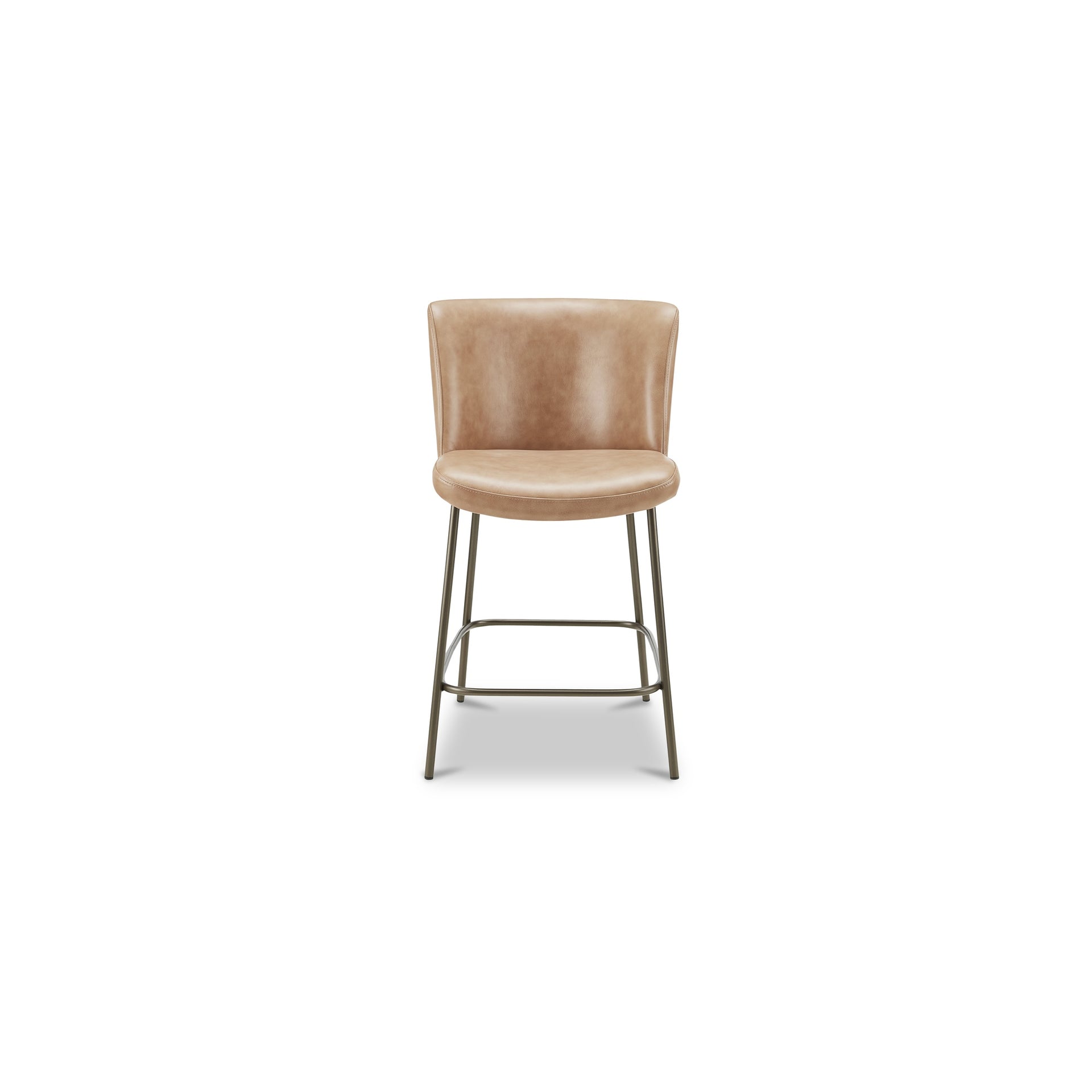 Amaris Counter Stool, Leather, Slim Metal Frame, Blackened Bronze Finish, Curved Back, Foam Padded Seat, Tan