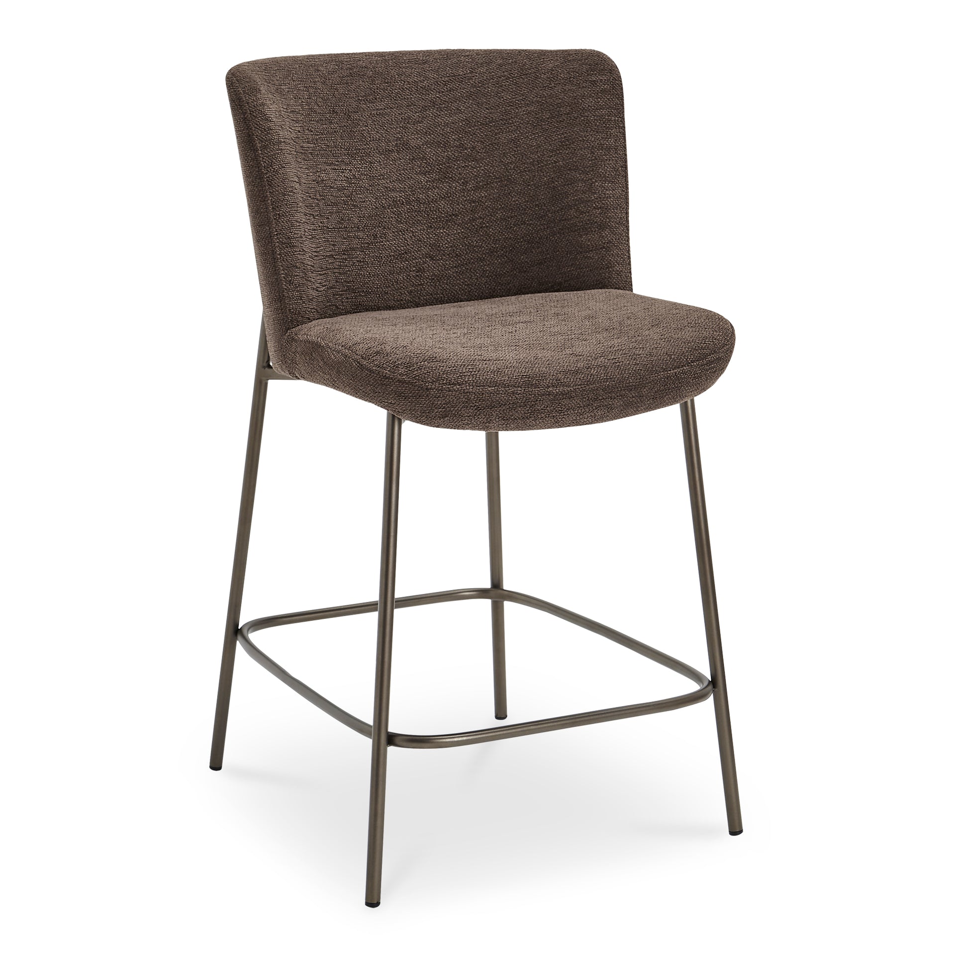 Amaris Counter Stool, Upholstered Curved Back, Soft Fabric, Blackened Bronze Metal Frame, Dark Brown