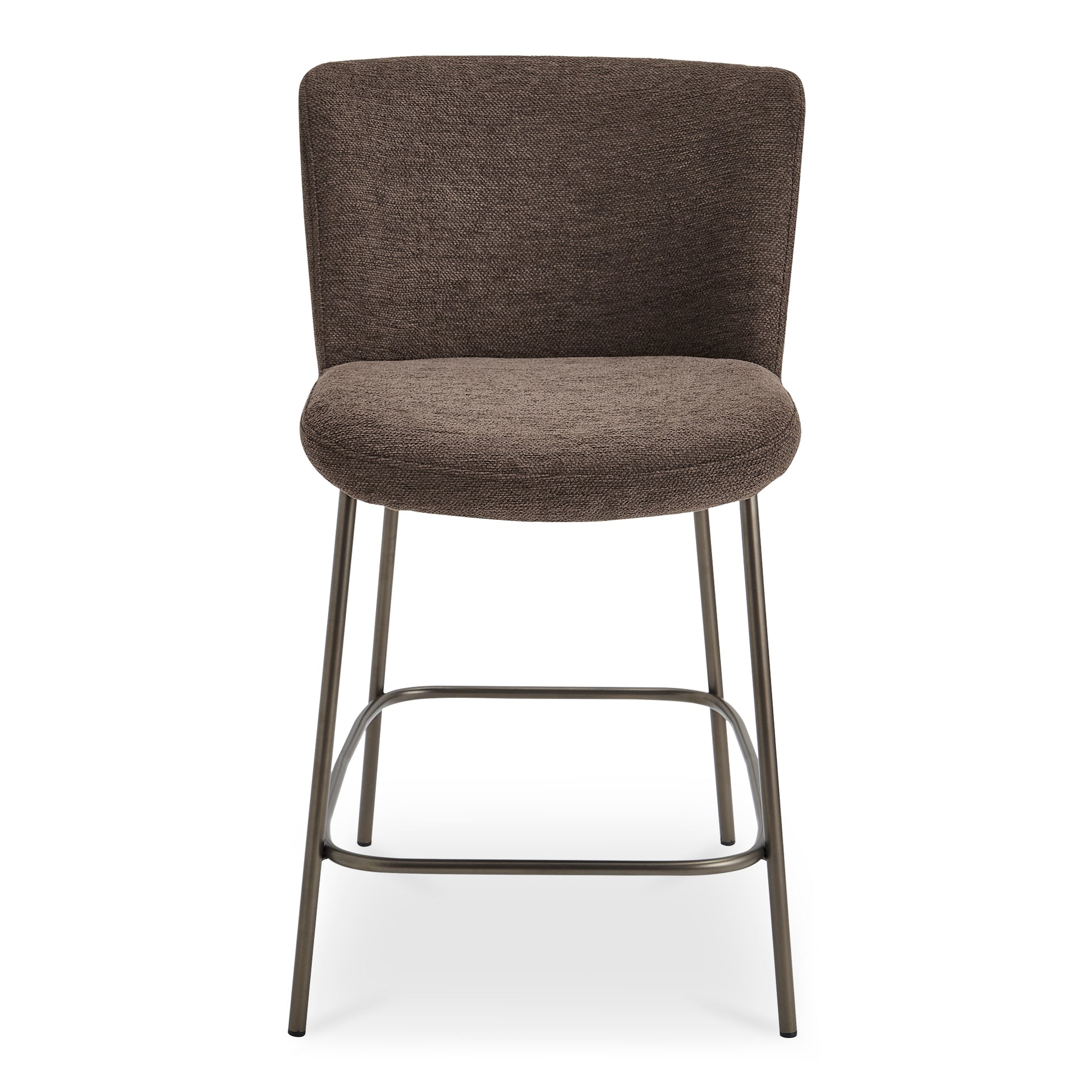 Amaris Counter Stool, Upholstered Curved Back, Soft Fabric, Blackened Bronze Metal Frame, Dark Brown