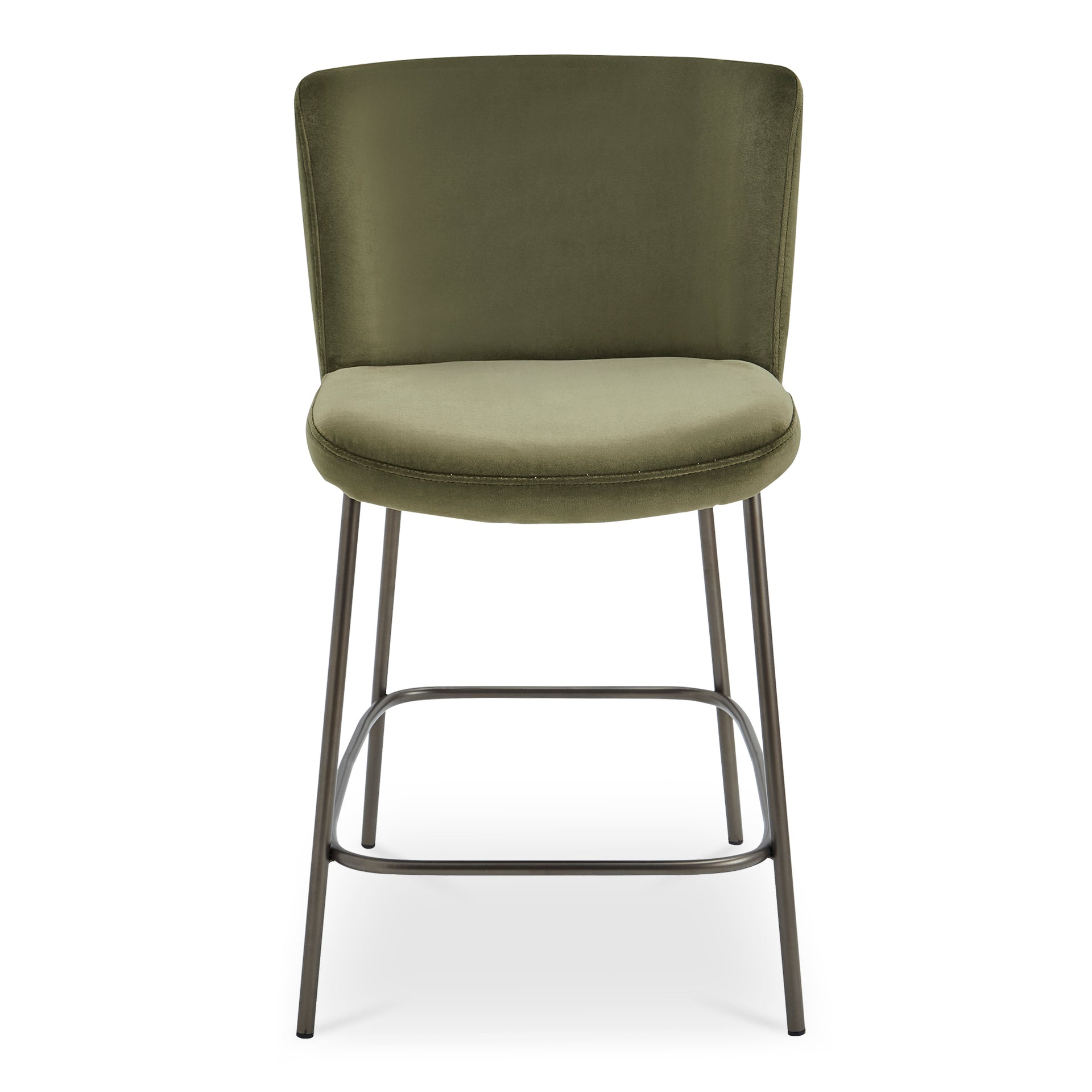 Amaris Counter Stool, Upholstered Curved Back, Performance Fabric, Blackened Bronze Metal Frame, Faux Green Mohair