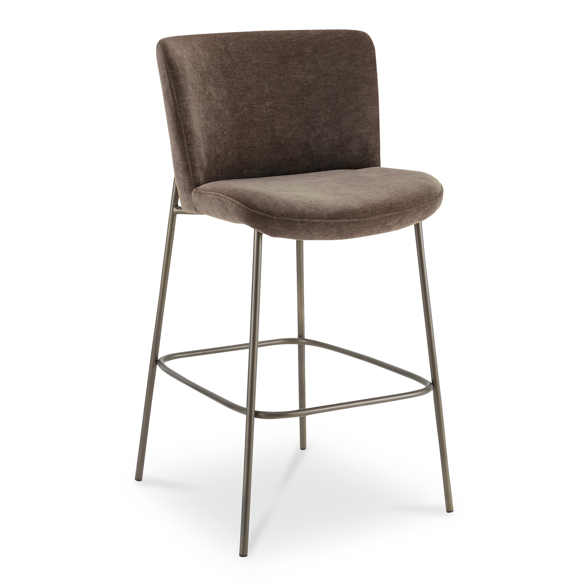 Amaris Bar Stools, Faux Mohair Upholstery, Slim Blackened Bronze Metal Frame, 30" Tall, Dark Brown