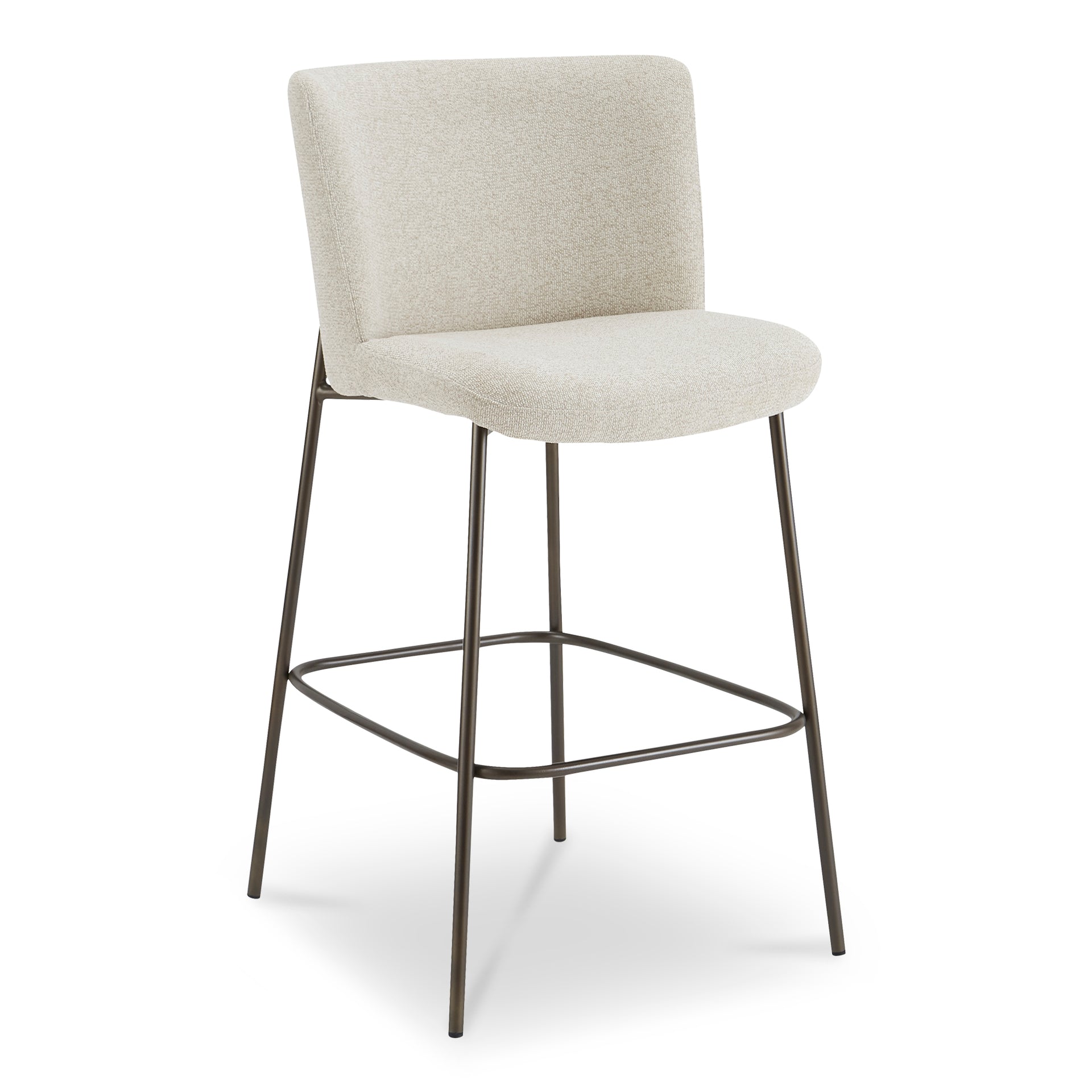 Amaris Bar Stool, Upholstered Curved Back, Performance Fabric, Blackened Bronze Metal Frame, Beige