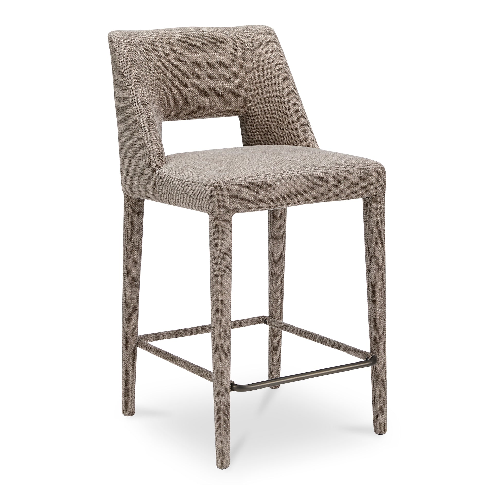Varekian Counter Stool, Fully Upholstered Iron Frame, Carved Backrest Detail, Light Brown
