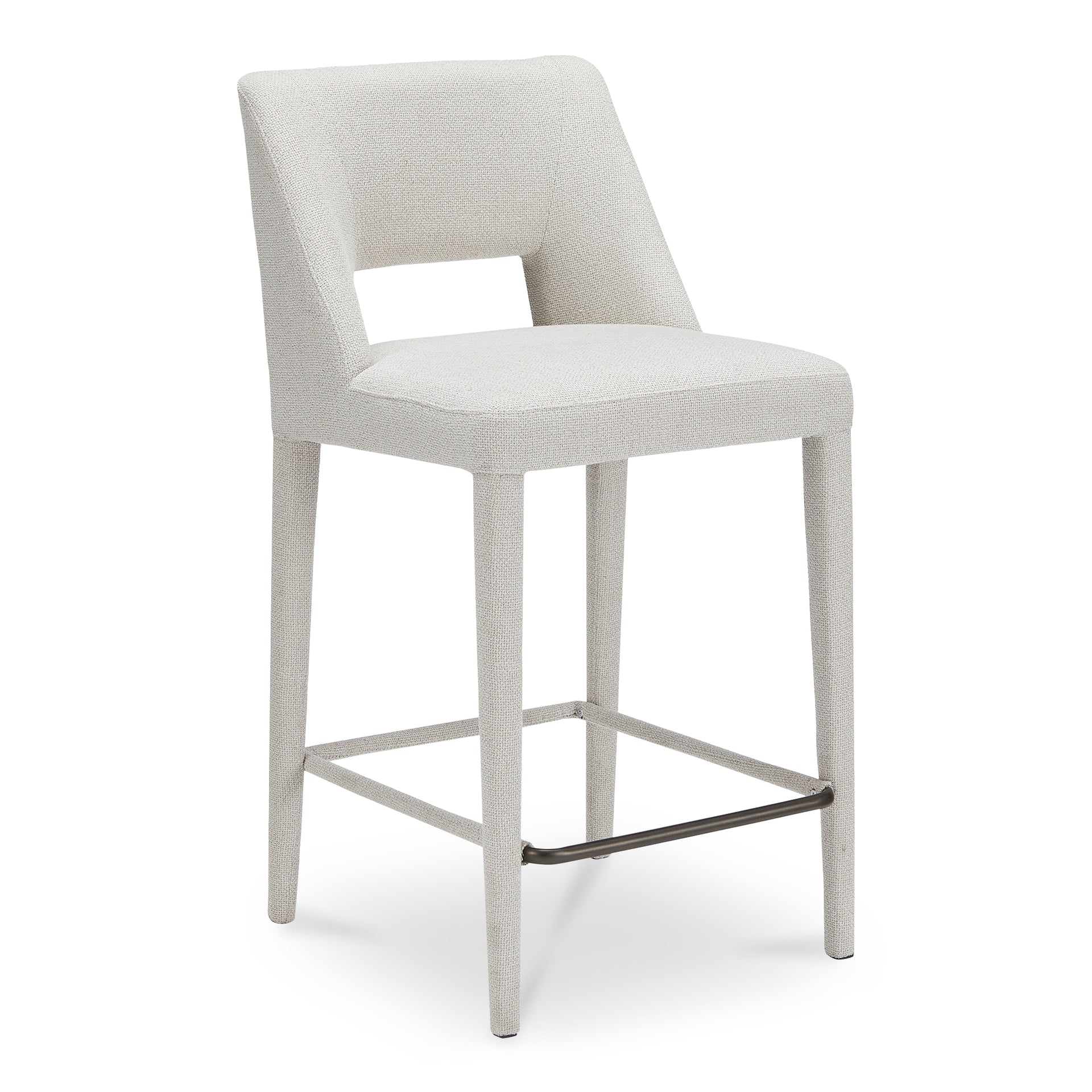 Varekian Counter Stool, Fully Upholstered Iron Frame, Carved Backrest Detail, Beige