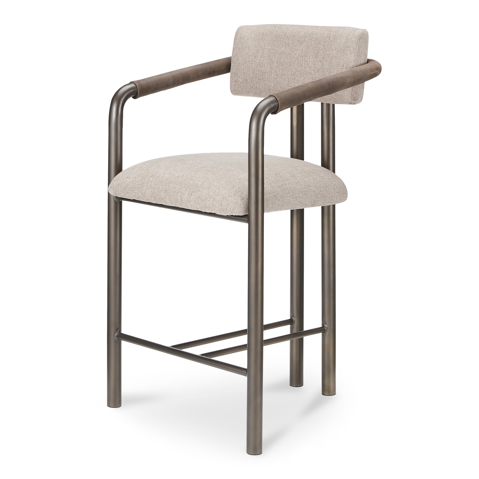Dastan Counter Stool, Wishbone Double-Beamed Back, Iron Frame with Polyester Seat and Top-Grain Leather Arms, Brown