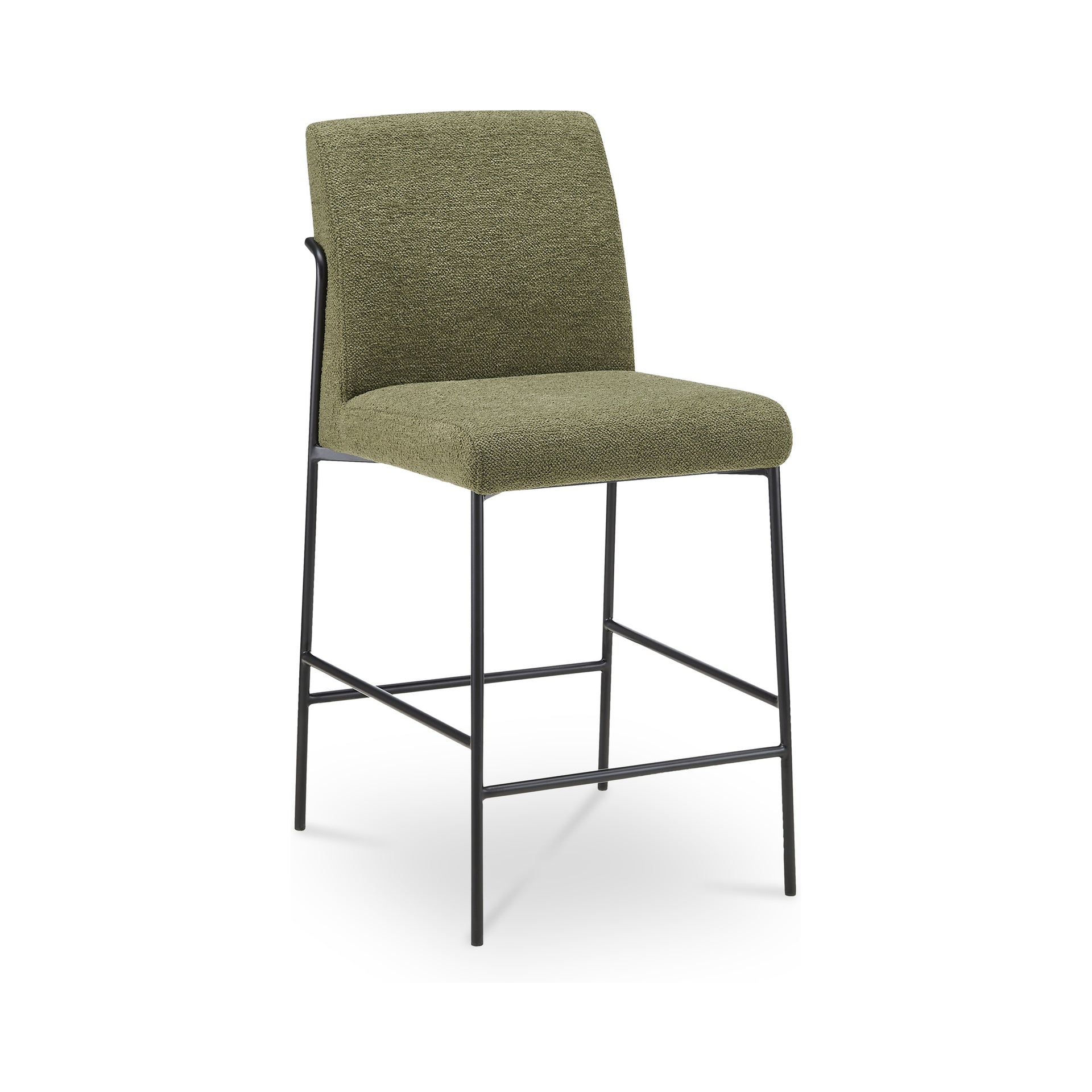Soryn Counter Stool, Polyester Upholstery, Slim Iron Frame, Curved Metal Base, Foam Padded Seat and Back, Green