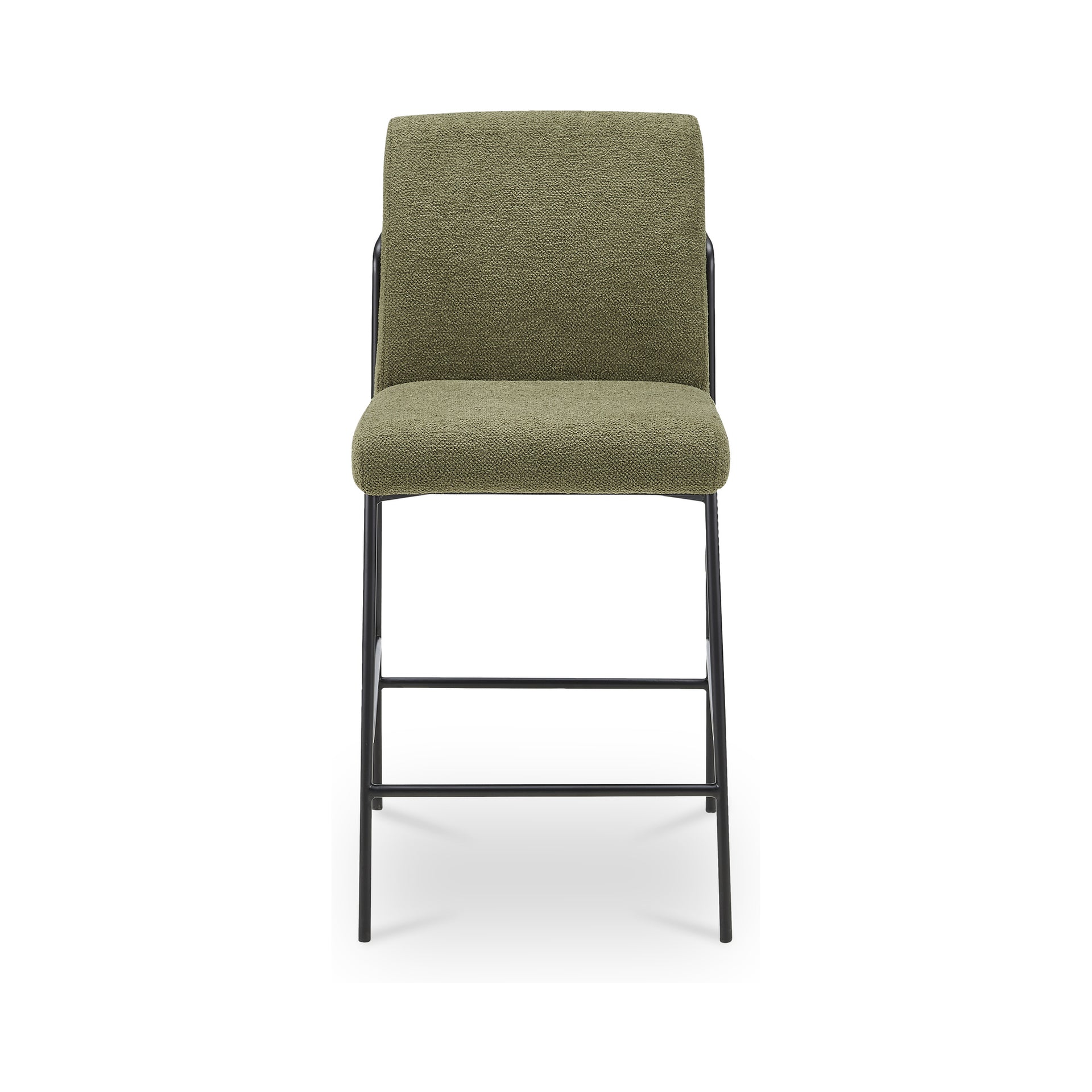 Soryn Counter Stool, Polyester Upholstery, Slim Iron Frame, Curved Metal Base, Foam Padded Seat and Back, Green