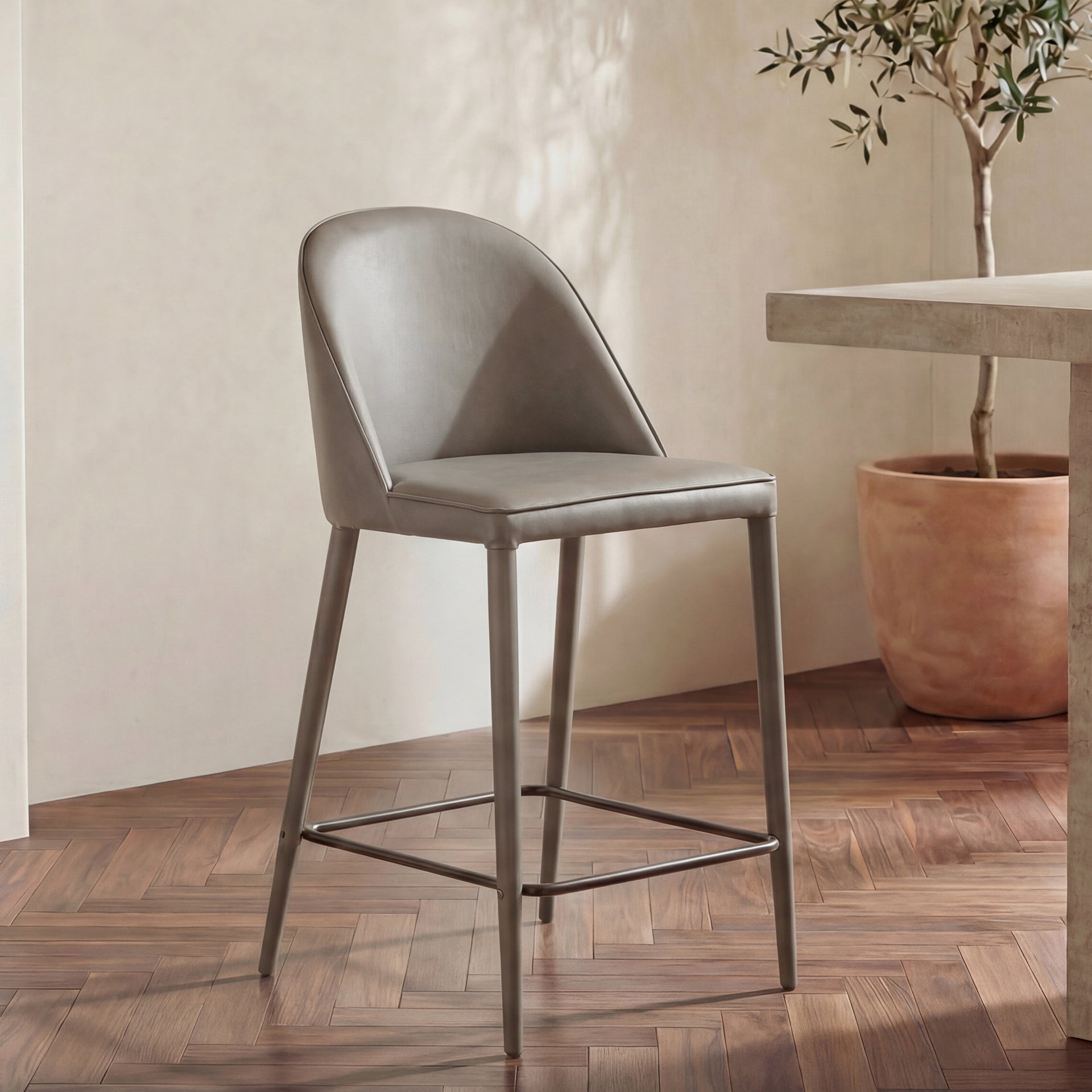 Thorne Counter Stool, Vegan Leather, Iron Frame, Rounded Back, Foam Cushioning, Plywood Core, Grey
