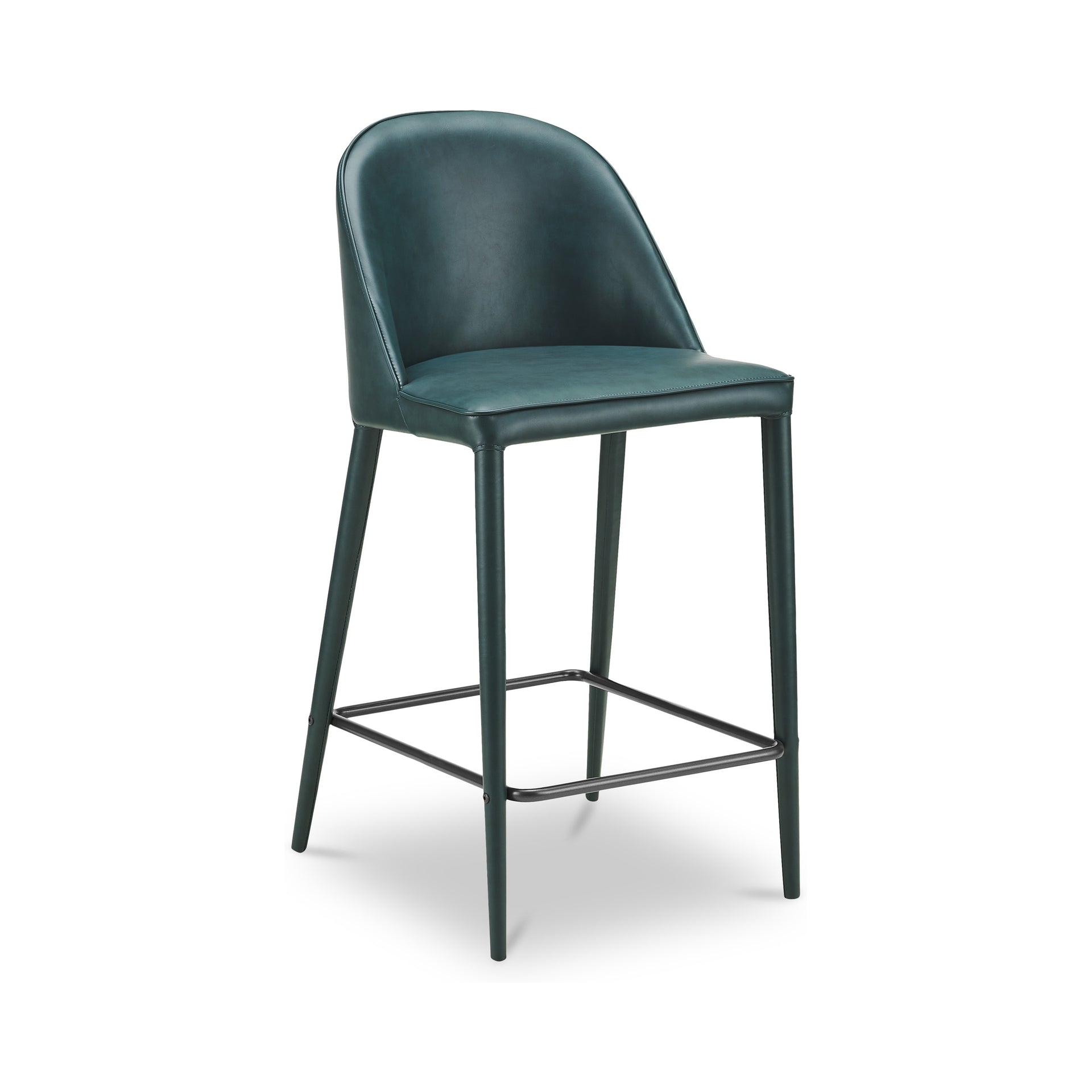 Thorne Counter Stool, Vegan Leather, Iron Frame, Rounded Back, Foam Cushioning, Plywood Core, Dark Teal