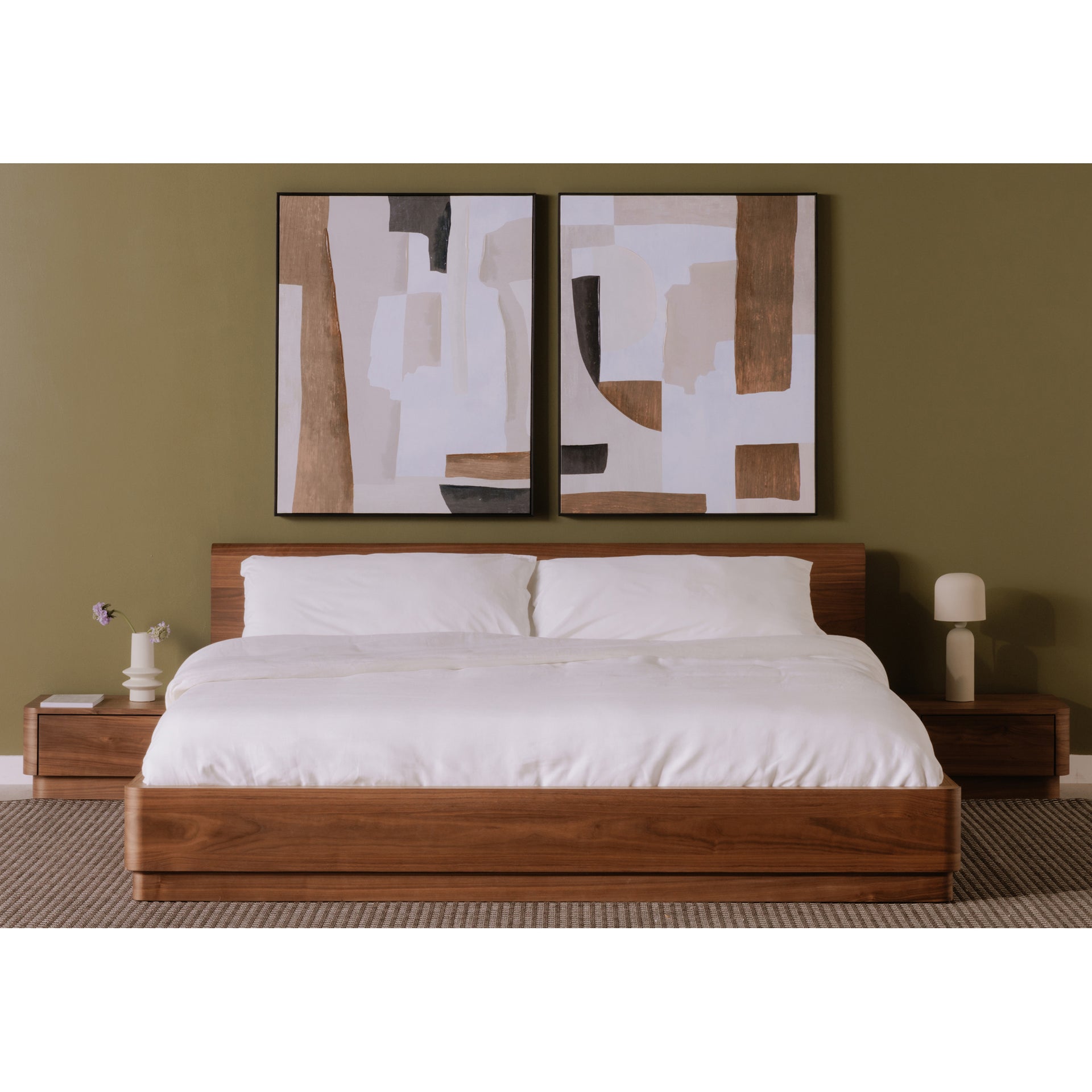 Odette King Bed - Low Profile with Rubberwood Base and Walnut Veneer in Brown