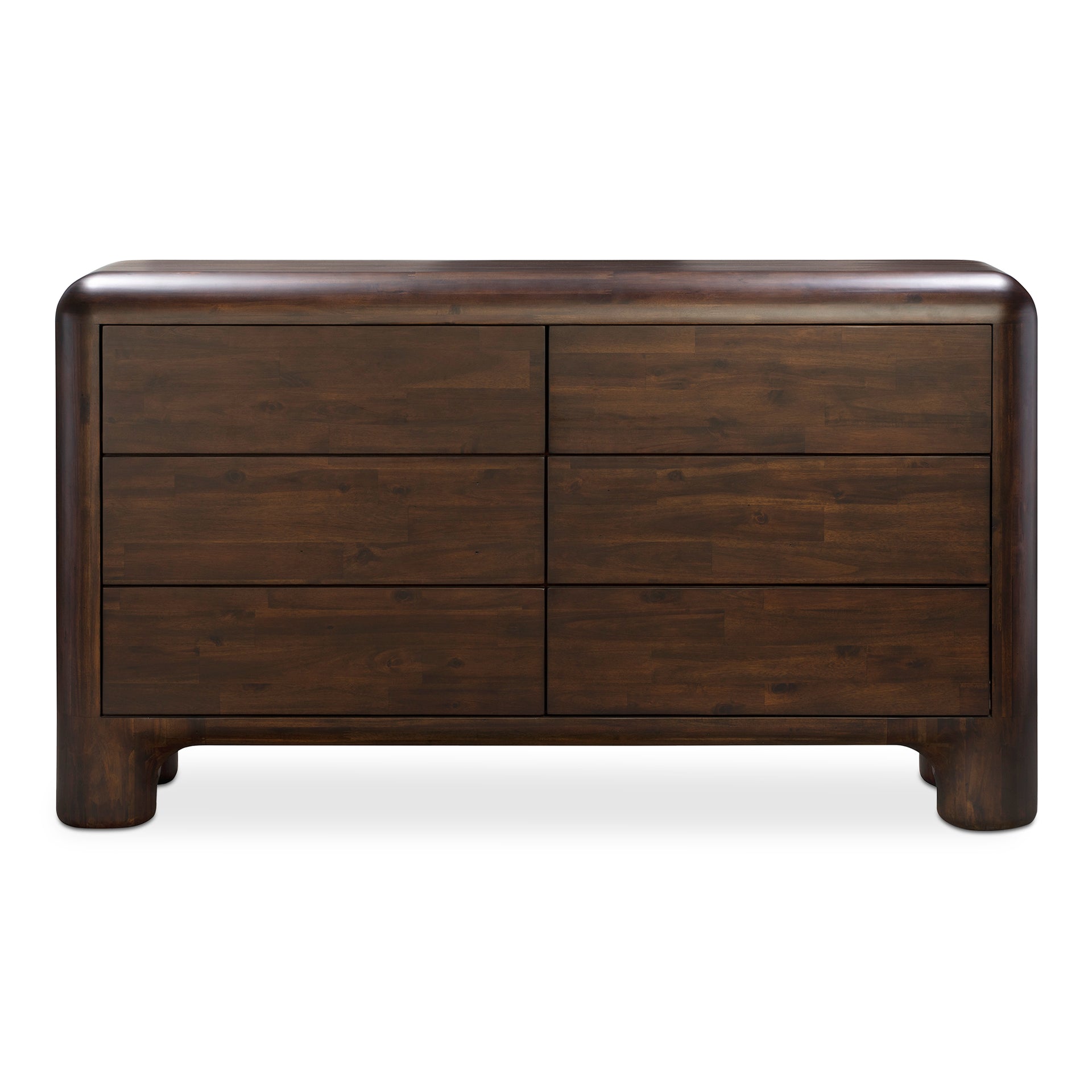 Zanric Dresser, 6 Drawer Solid Acacia with Chunky Legs and Walnut Stain, Mid-Century Modern Style, Dark Brown