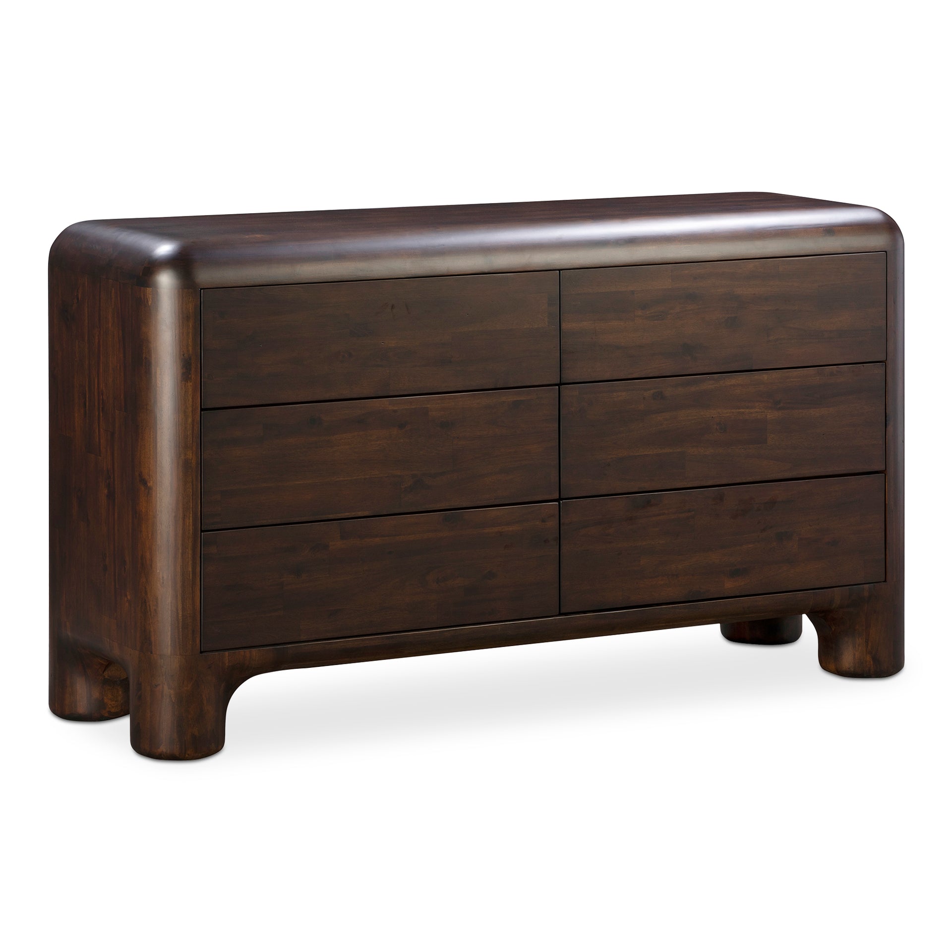Zanric Dresser, 6 Drawer Solid Acacia with Chunky Legs and Walnut Stain, Mid-Century Modern Style, Dark Brown