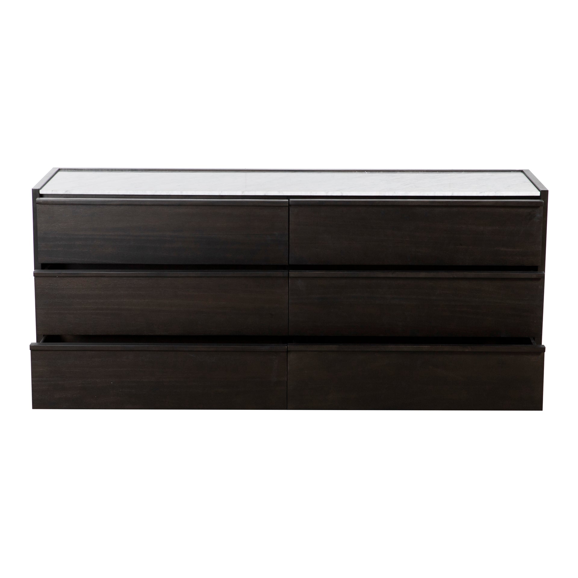 Jordan, Dresser, Contemporary Acacia Veneer with White Marble Top and Wooden Drawer-pulls, 6 Drawers, Dark Grey