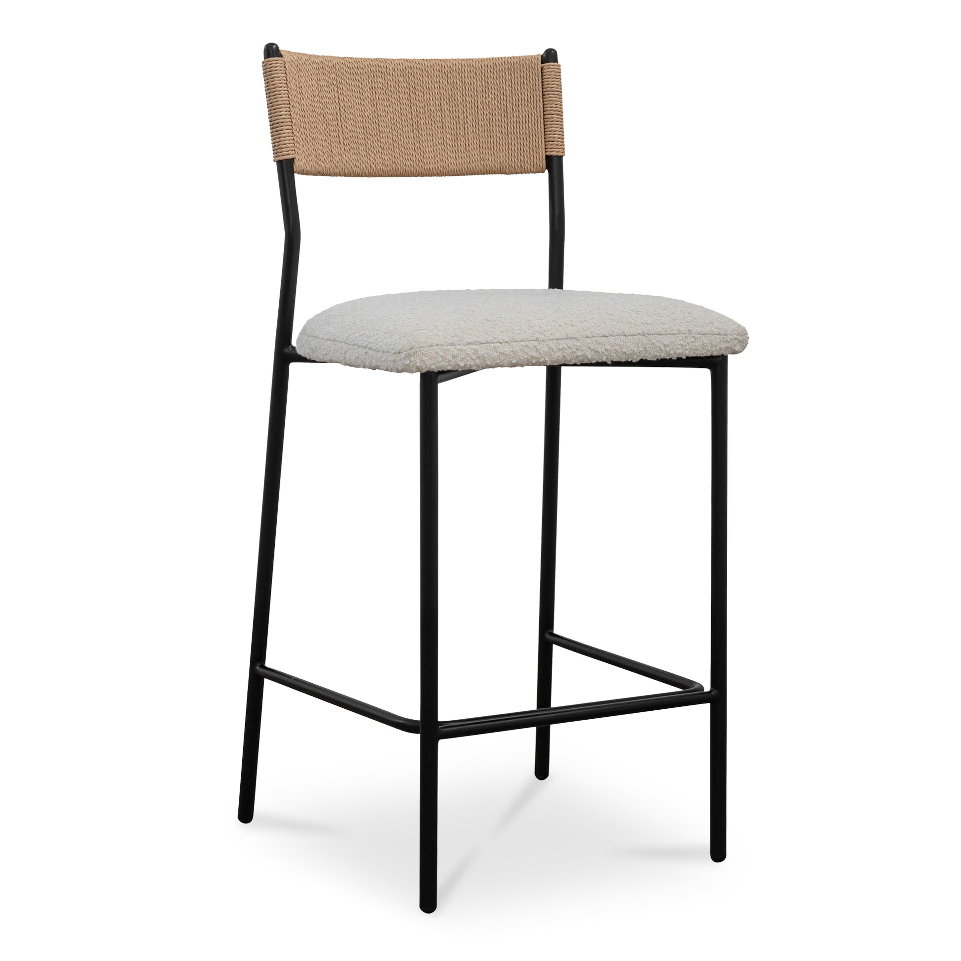 Quinn Counter Stool, Performance Fabric Upholstered Seat, Curved Paper Rope Back, Thin Metal Frame, White