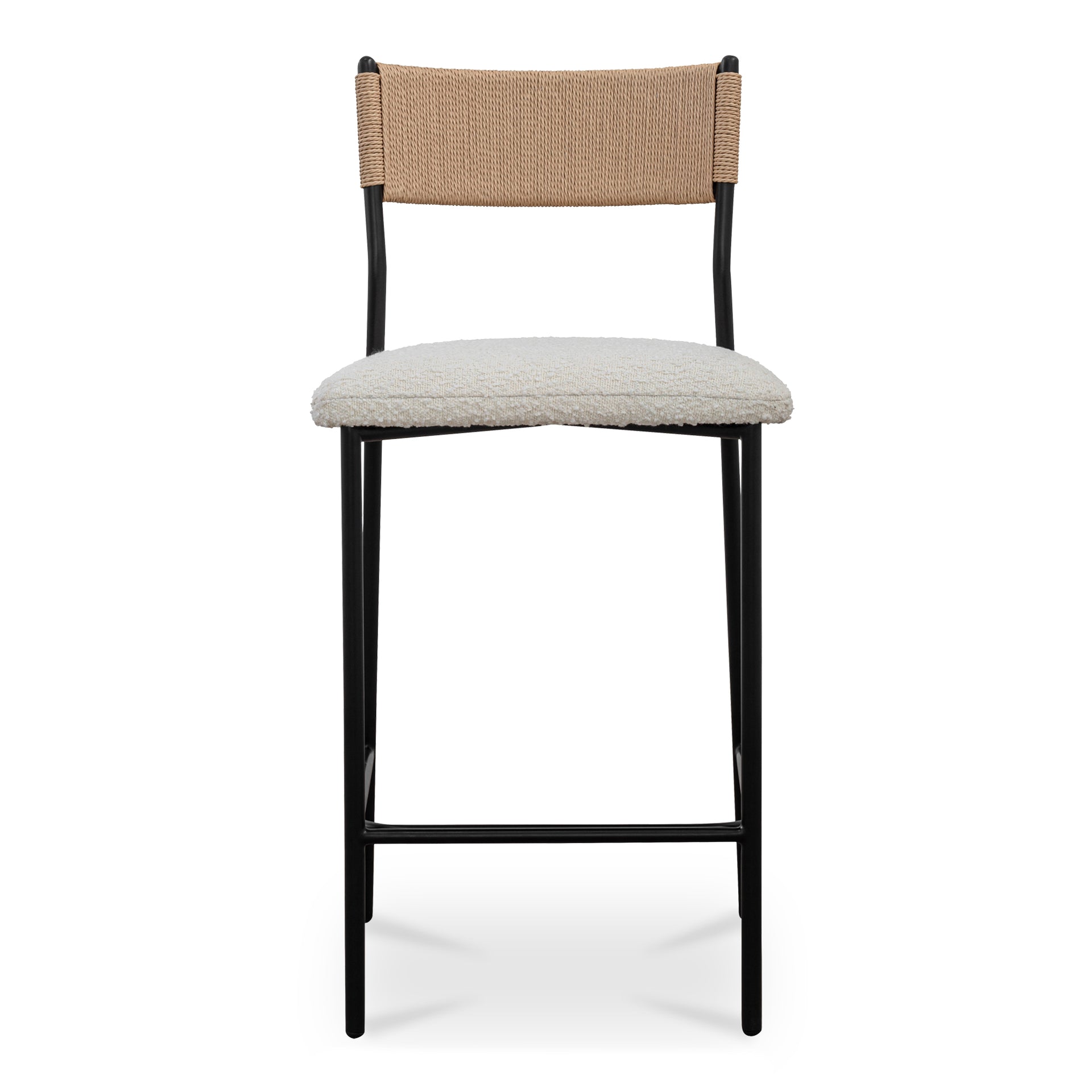 Quinn Counter Stool, Performance Fabric Upholstered Seat, Curved Paper Rope Back, Thin Metal Frame, White
